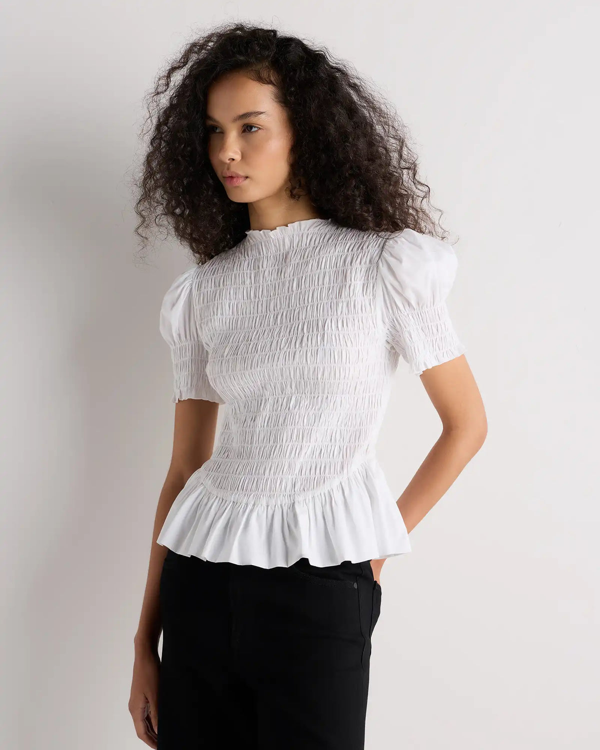 Cotton Viscose Voile Smocked Peplum Top