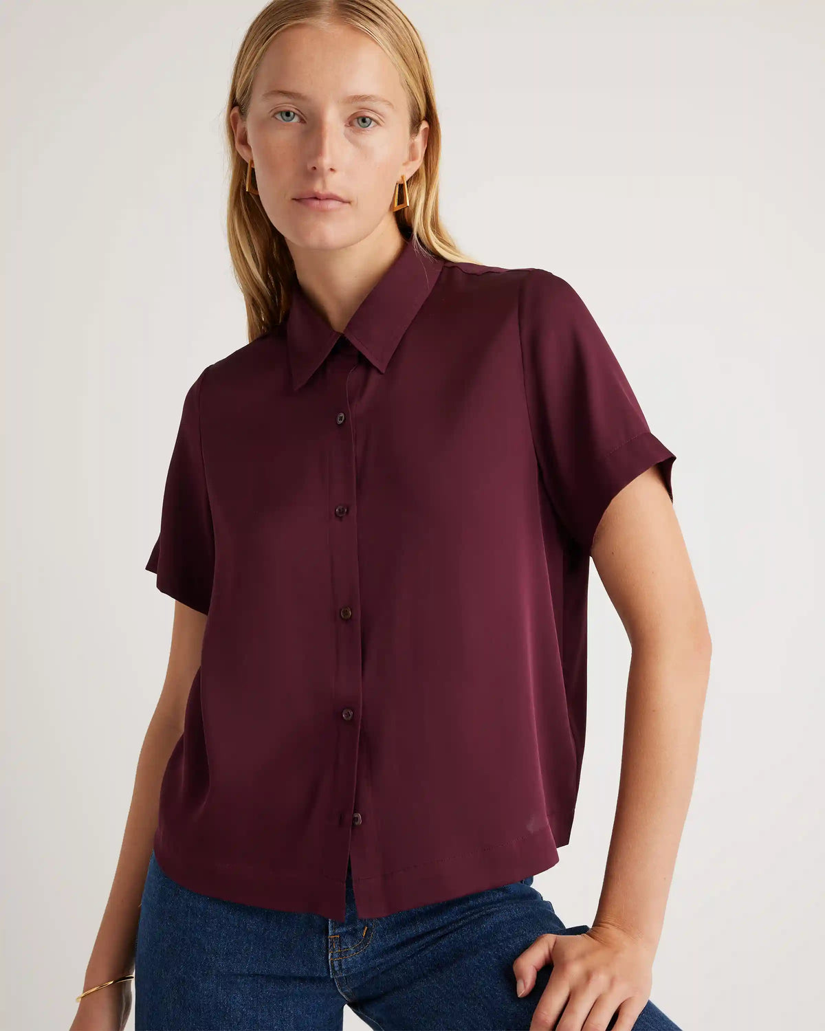 Washable Stretch Silk Short Sleeve Blouse