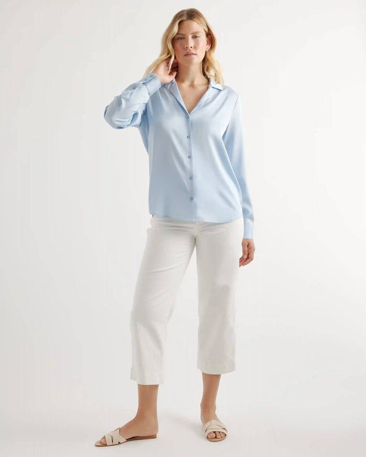 Washable Stretch Silk Notch Collar Blouse