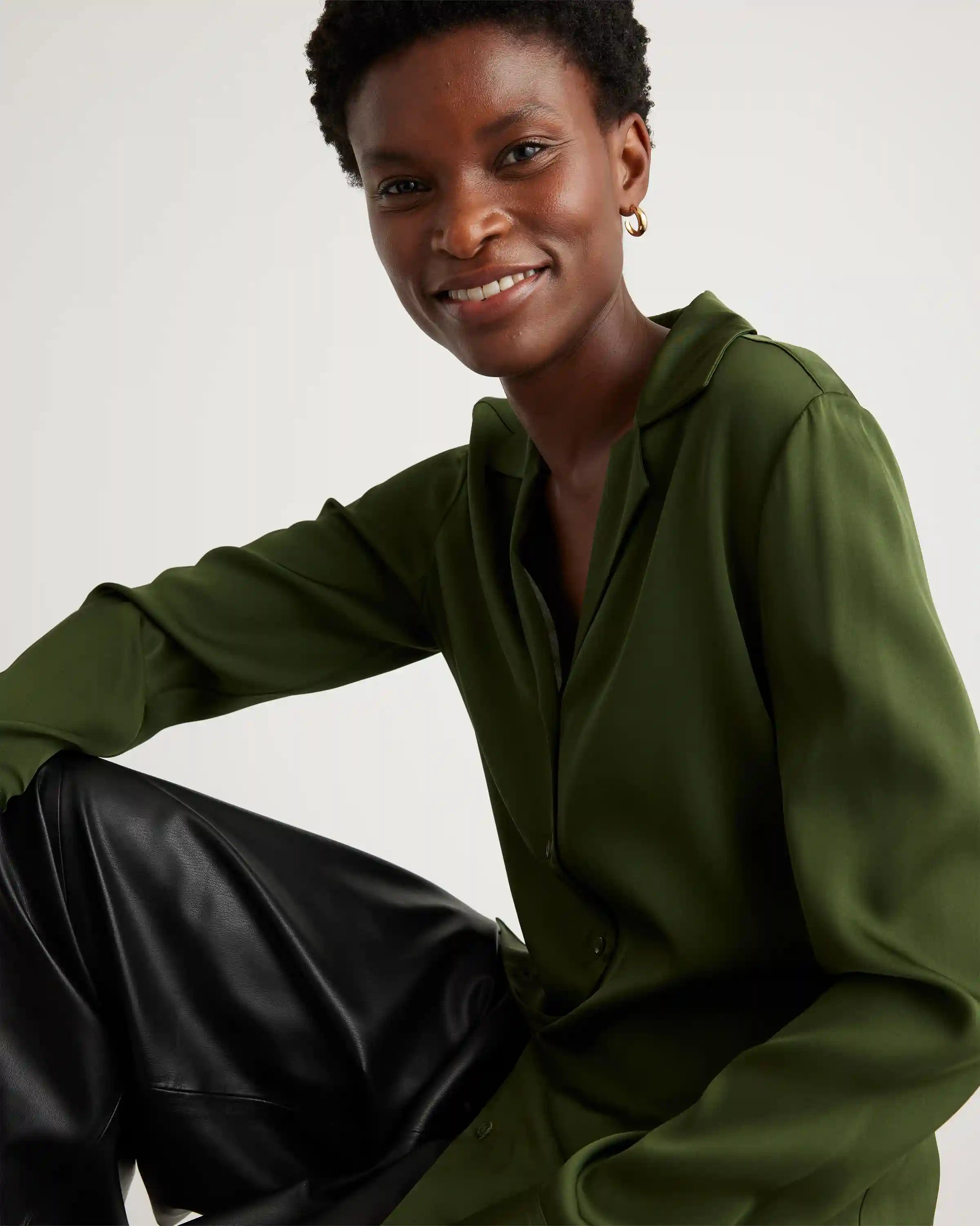 Washable Stretch Silk Notch Collar Blouse