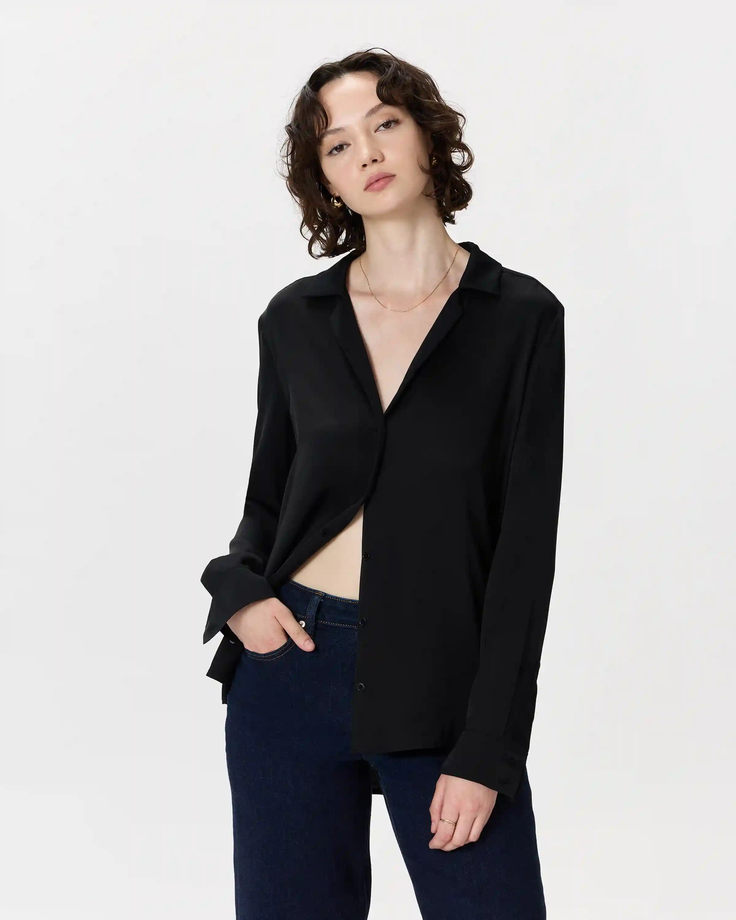 Washable Stretch Silk Notch Collar Blouse