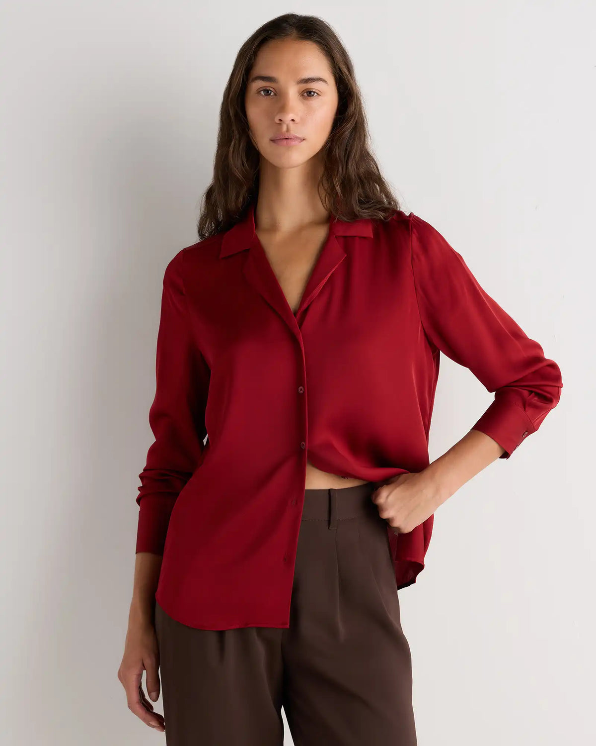Washable Stretch Silk Notch Collar Blouse