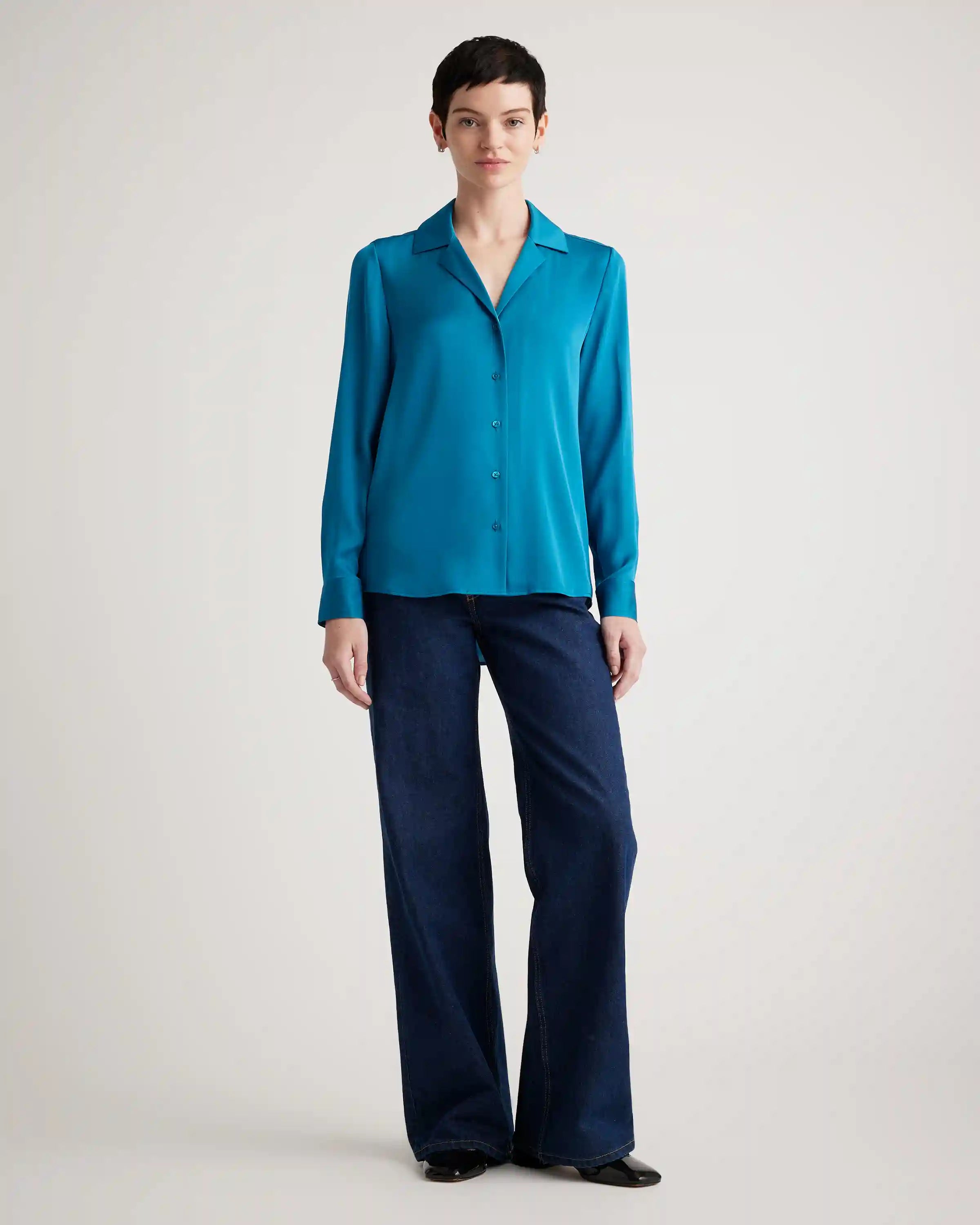 Washable Stretch Silk Notch Collar Blouse
