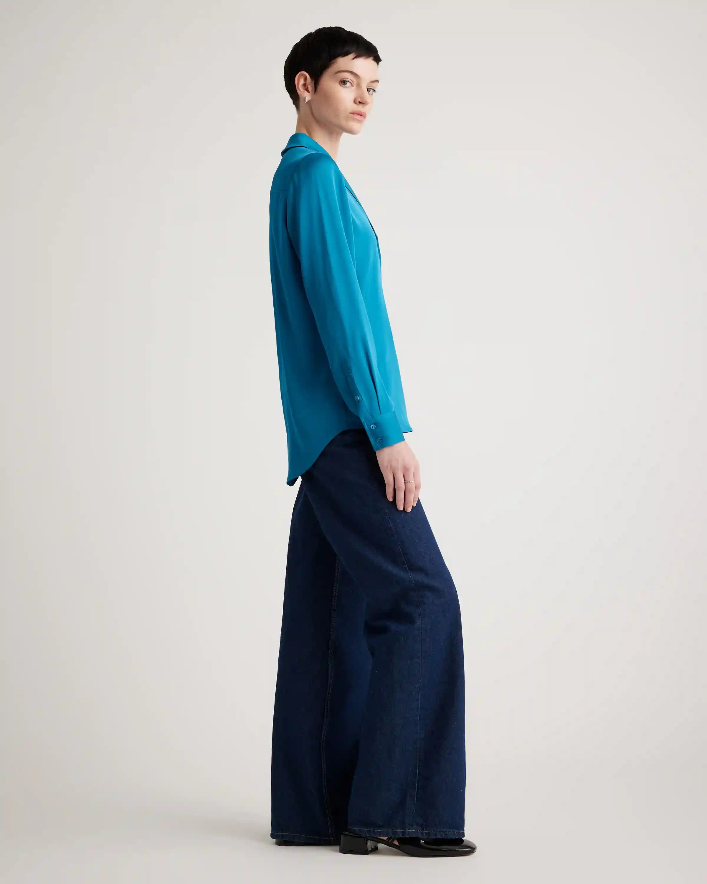 Washable Stretch Silk Notch Collar Blouse