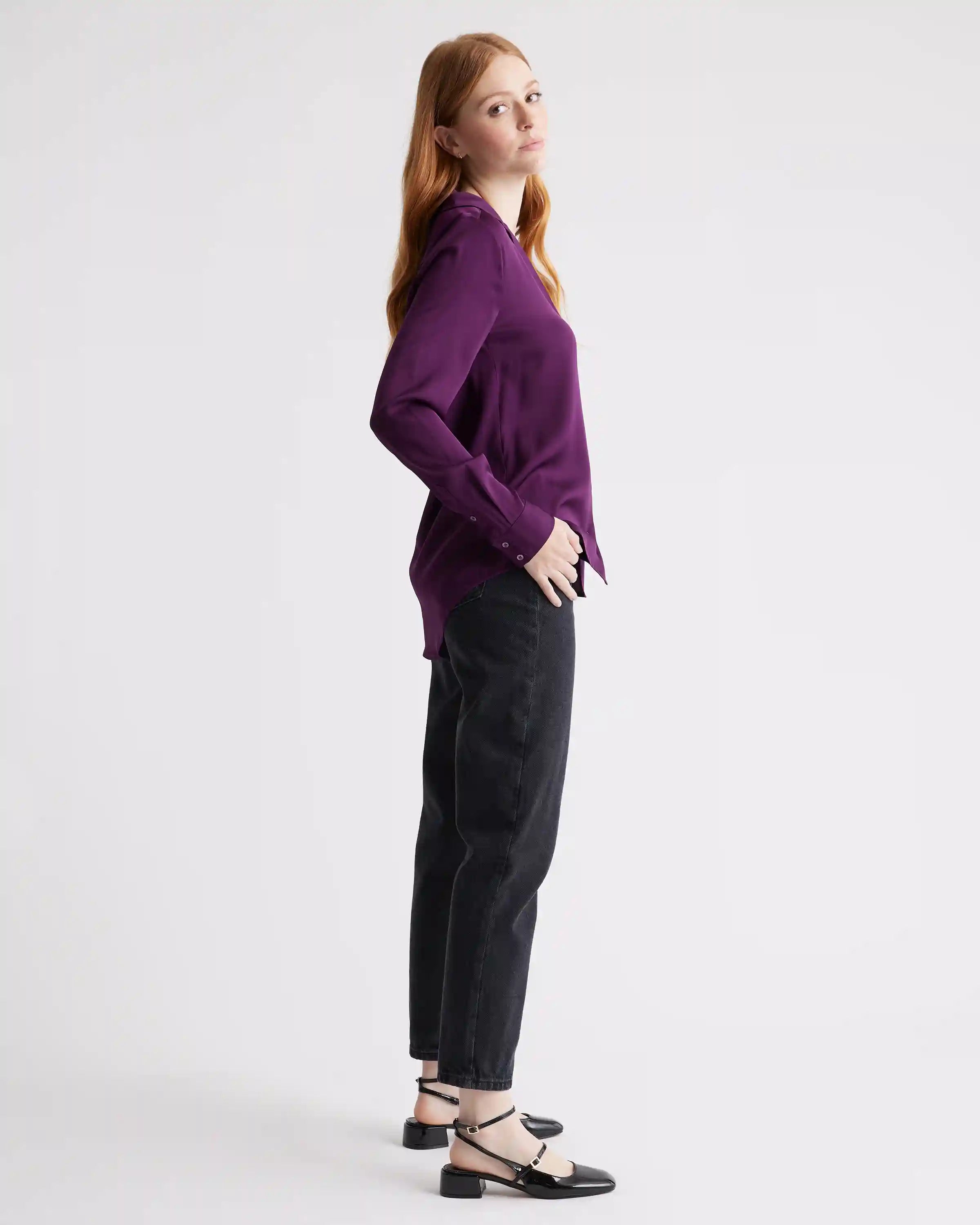 Washable Stretch Silk Notch Collar Blouse