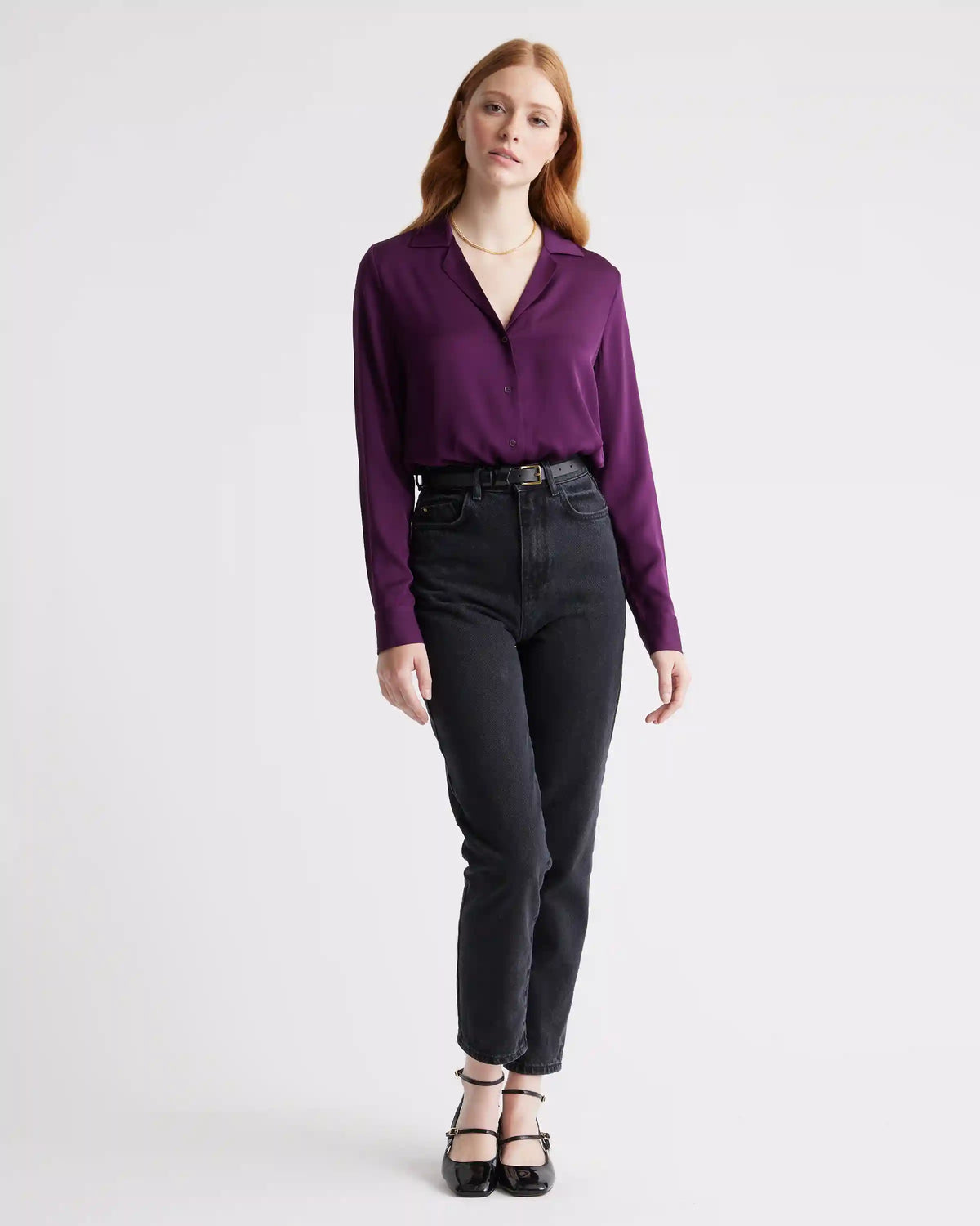 Washable Stretch Silk Notch Collar Blouse