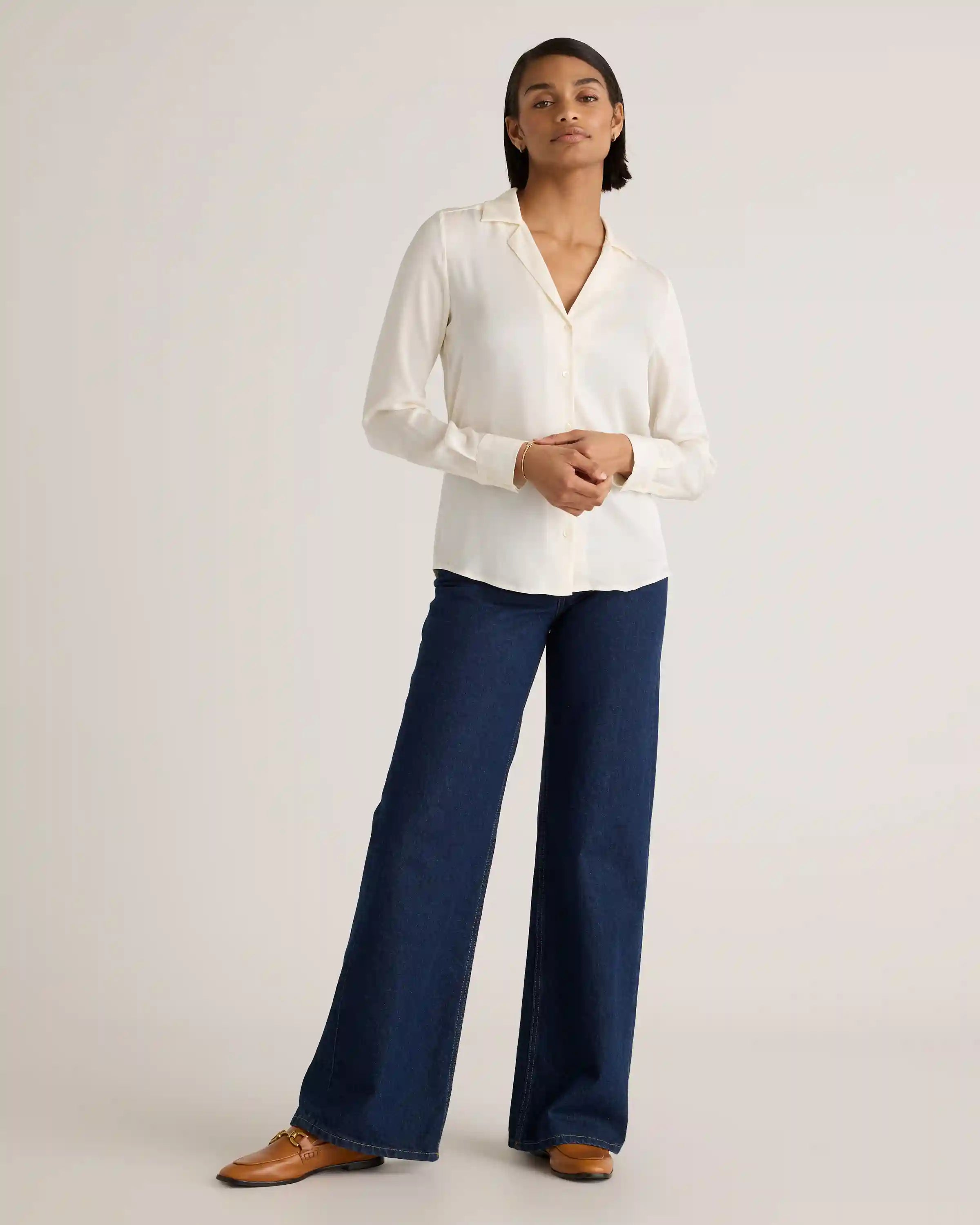 Washable Stretch Silk Notch Collar Blouse