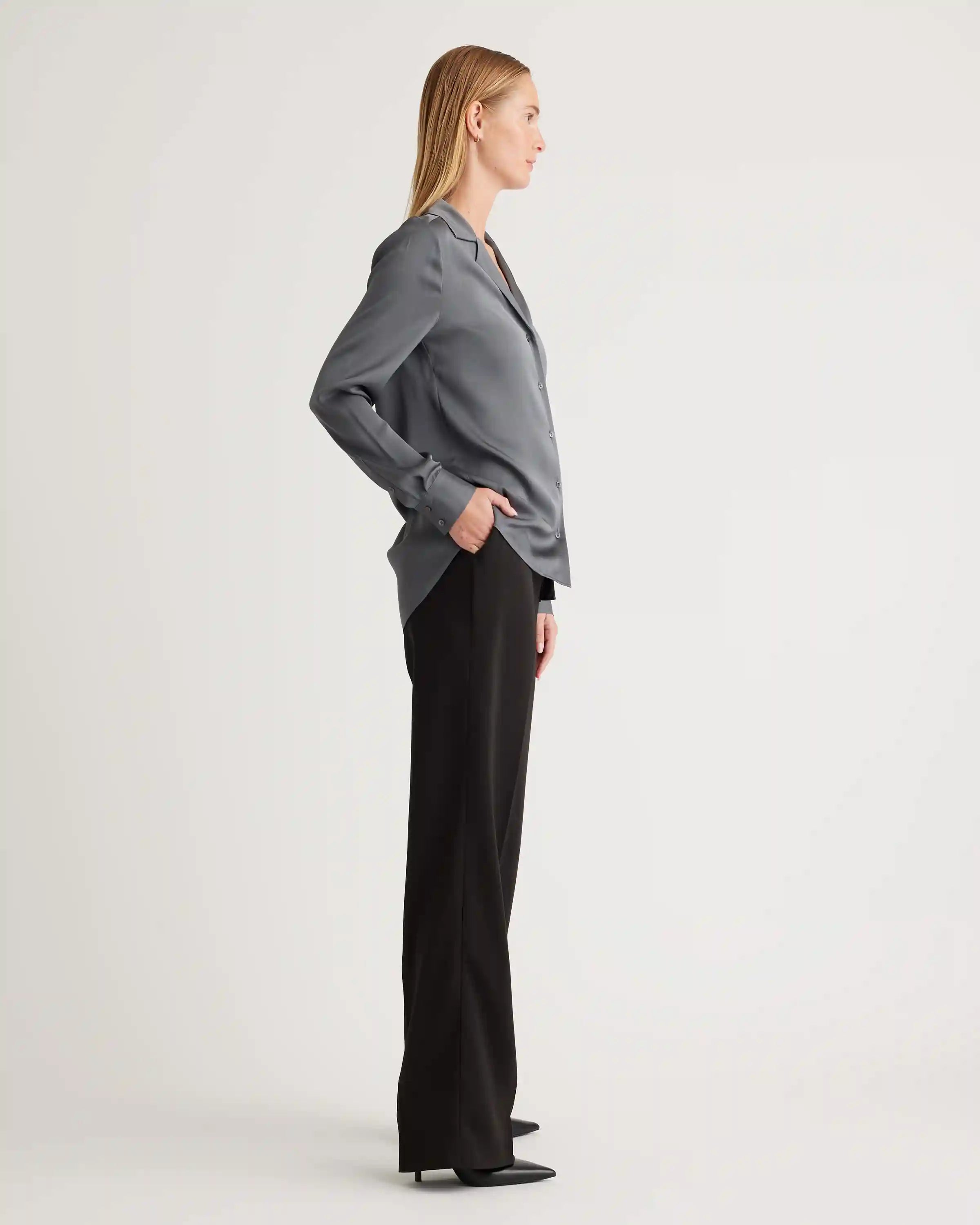 Washable Stretch Silk Notch Collar Blouse