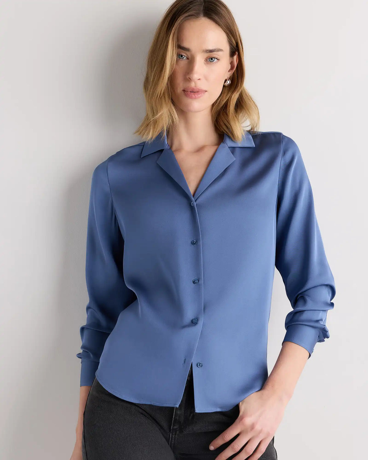 Washable Stretch Silk Notch Collar Blouse