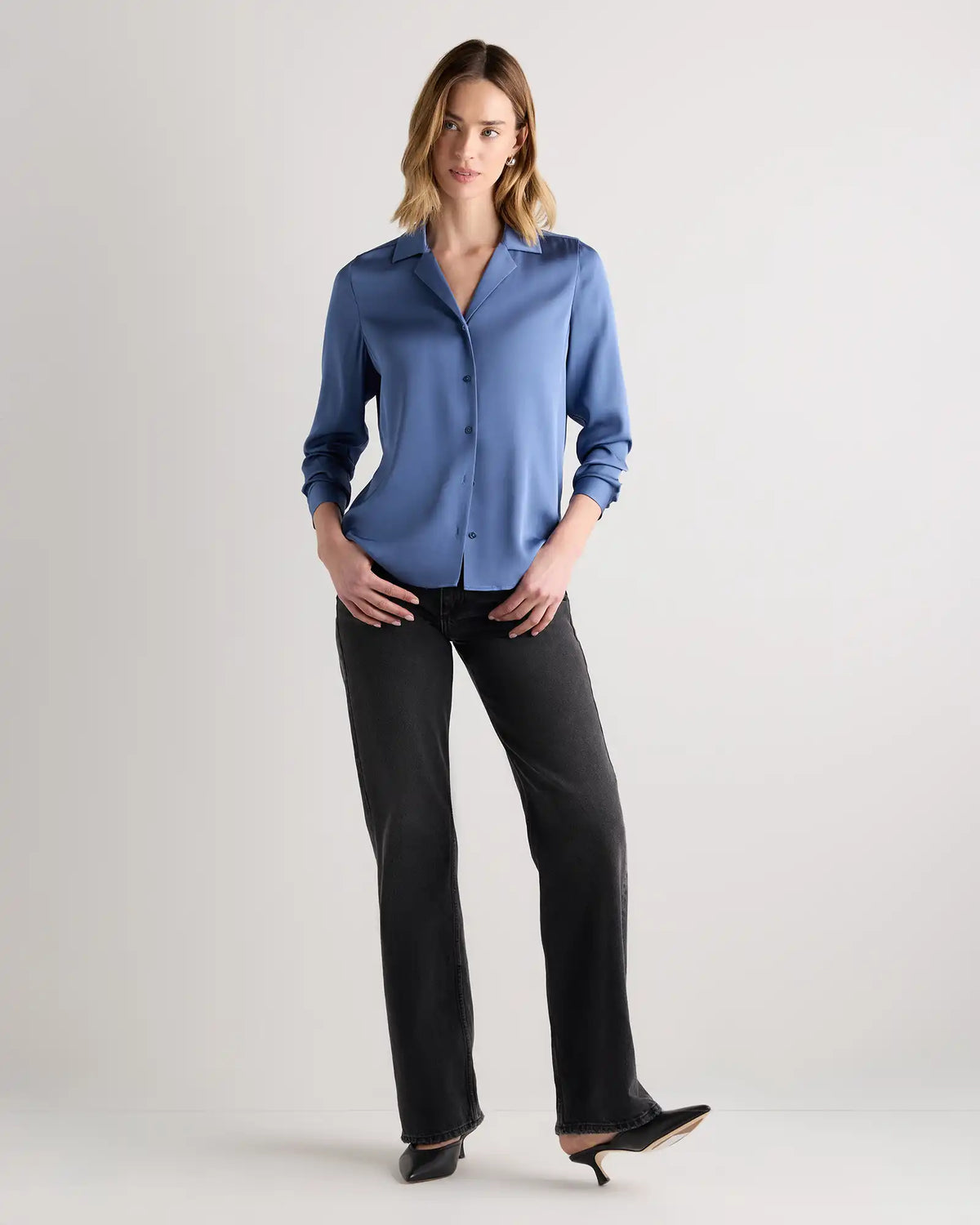 Washable Stretch Silk Notch Collar Blouse