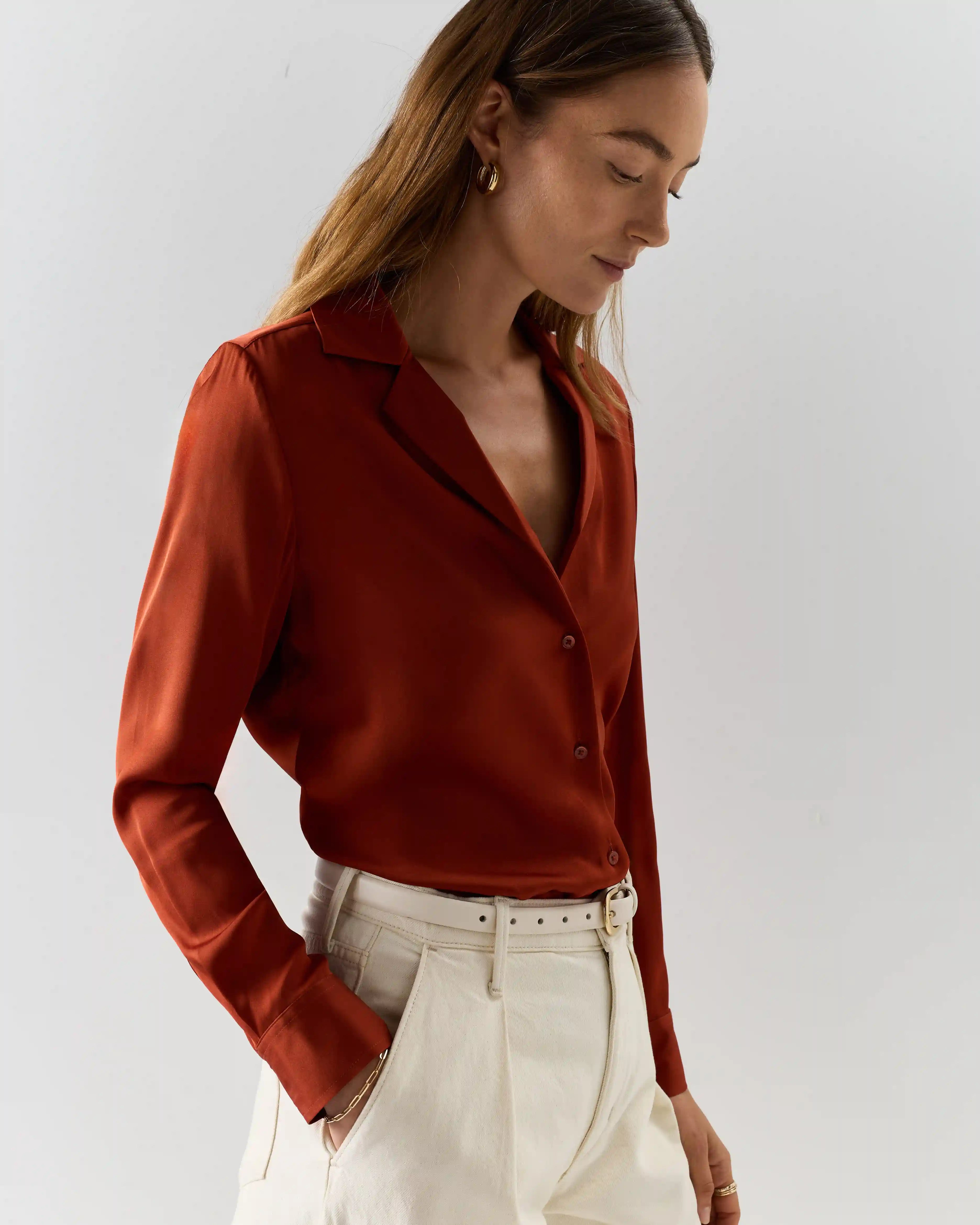 Washable Stretch Silk Notch Collar Blouse