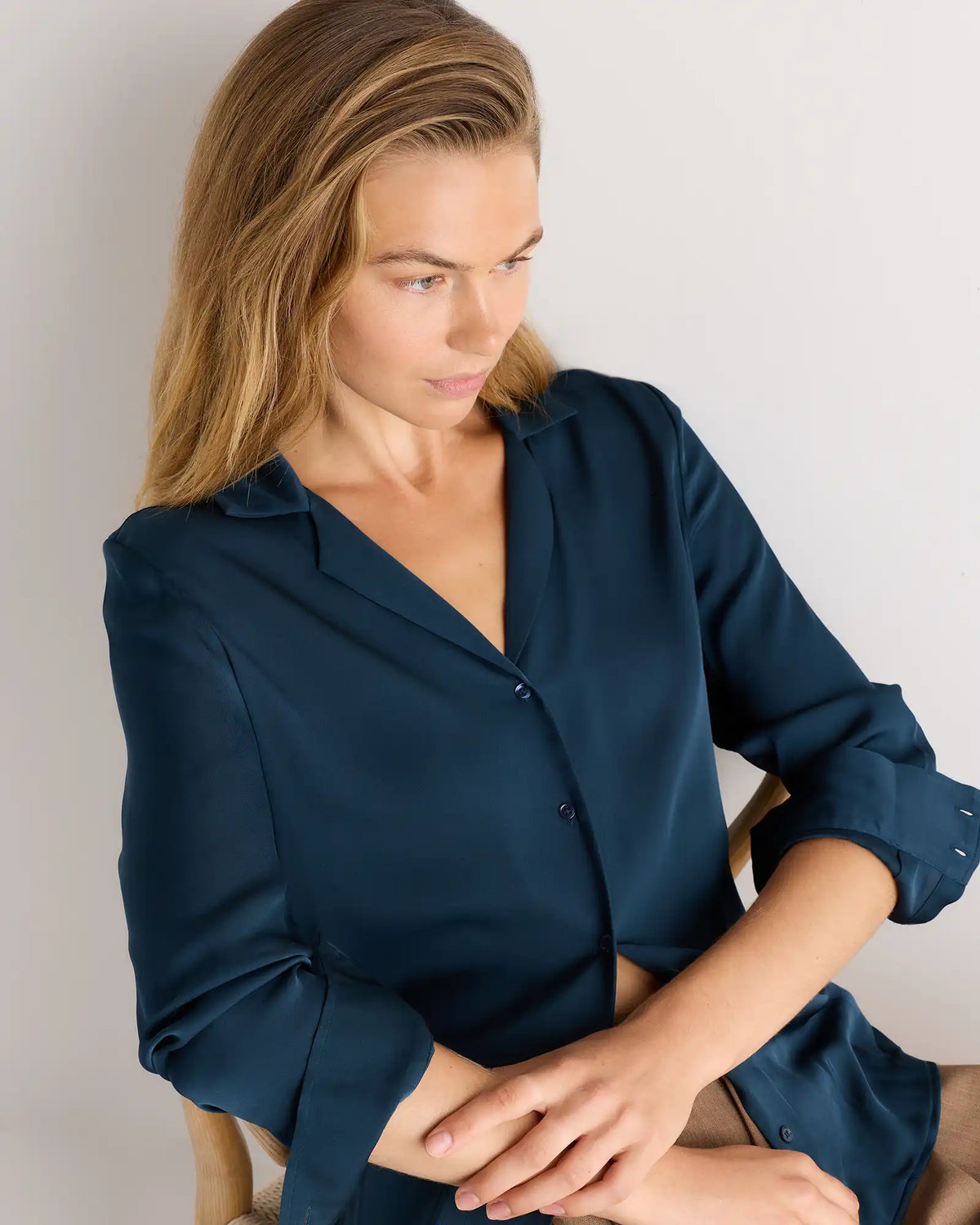 Washable Stretch Silk Notch Collar Blouse