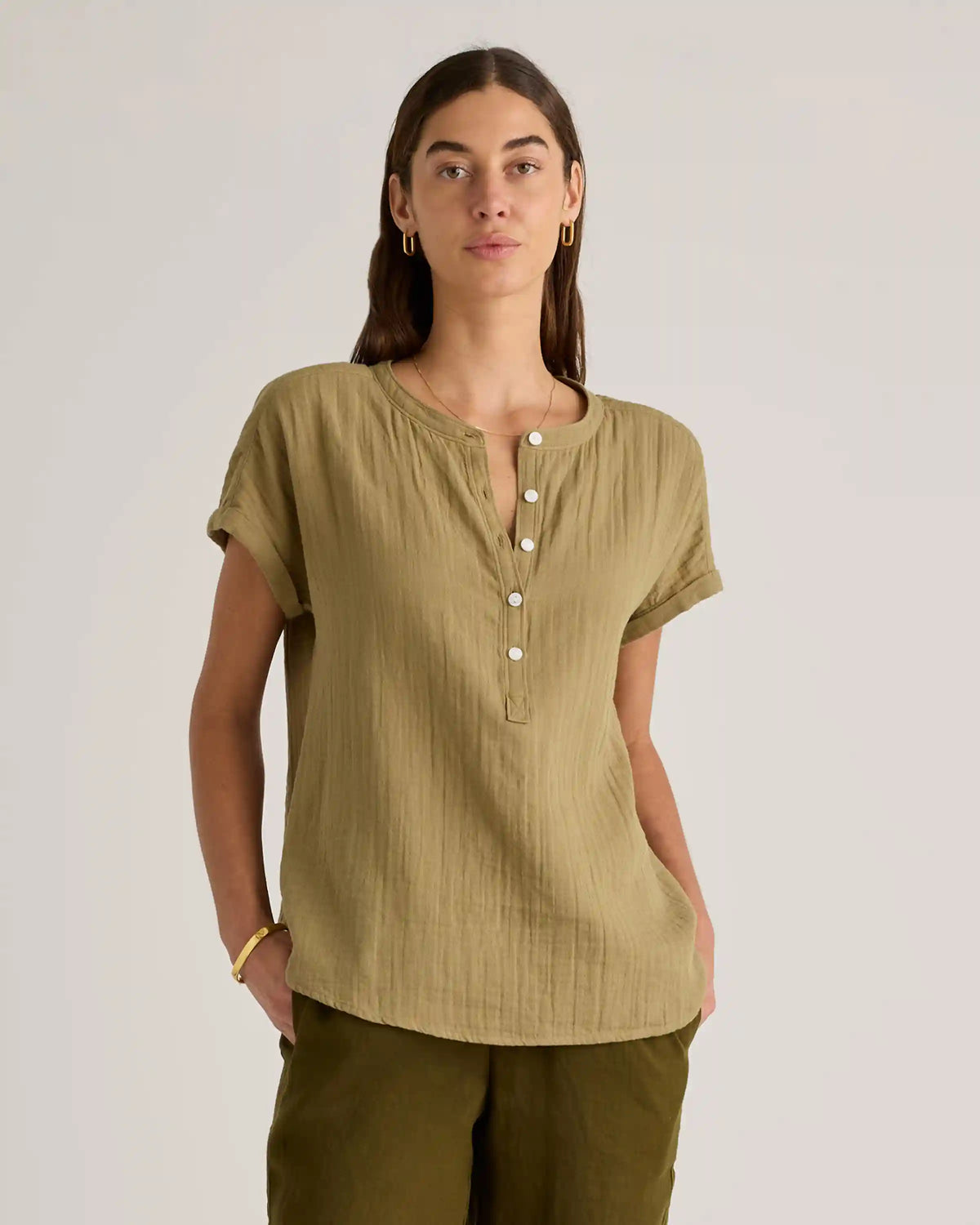 100% Organic Cotton Gauze Roll Sleeve Shirt