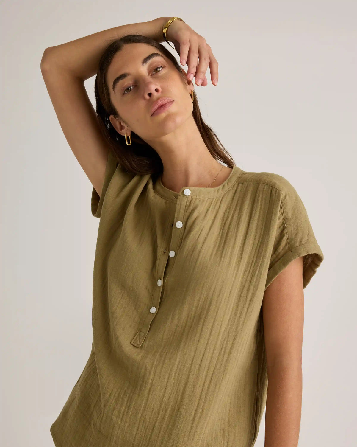 100% Organic Cotton Gauze Roll Sleeve Shirt