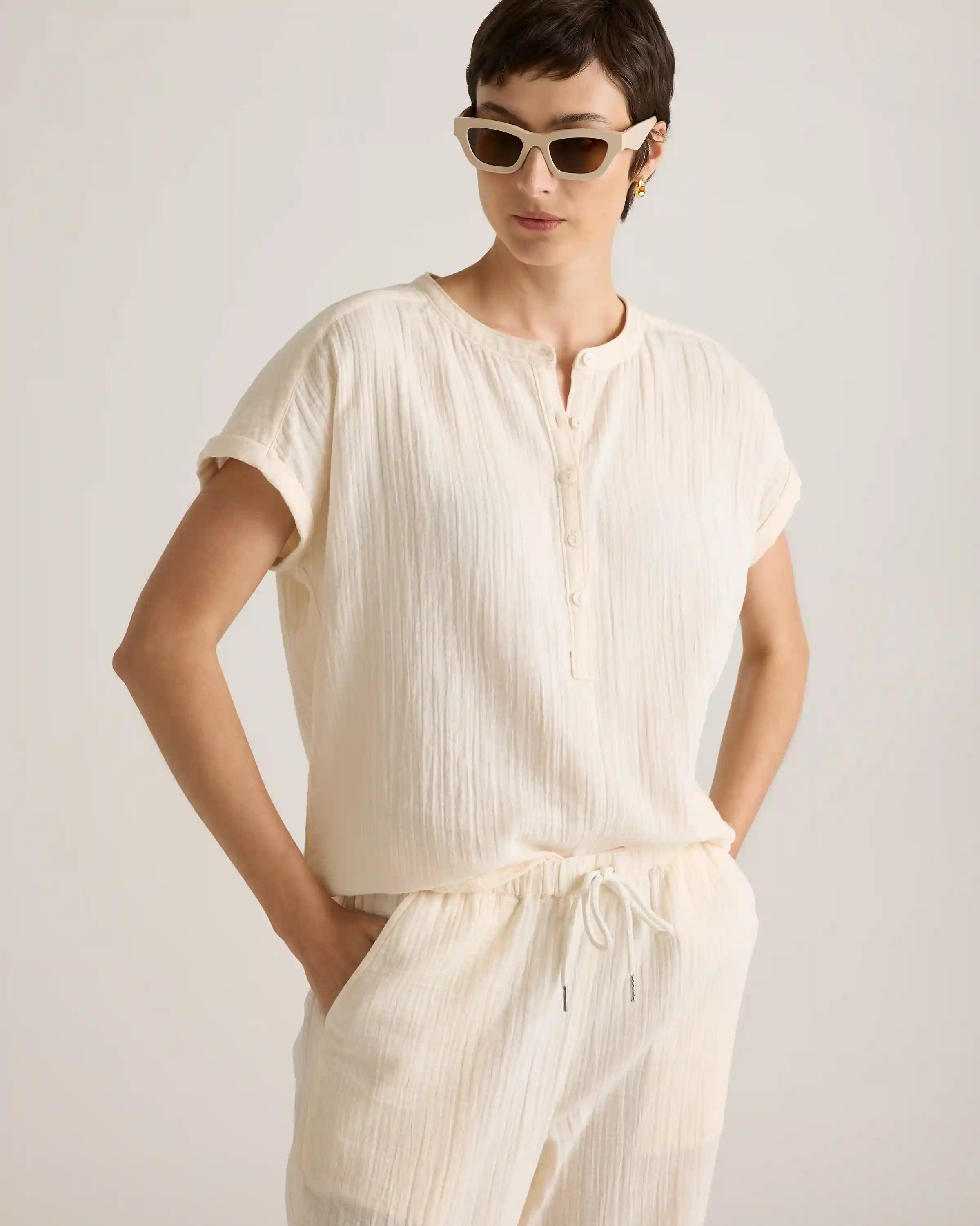 100% Organic Cotton Gauze Roll Sleeve Shirt
