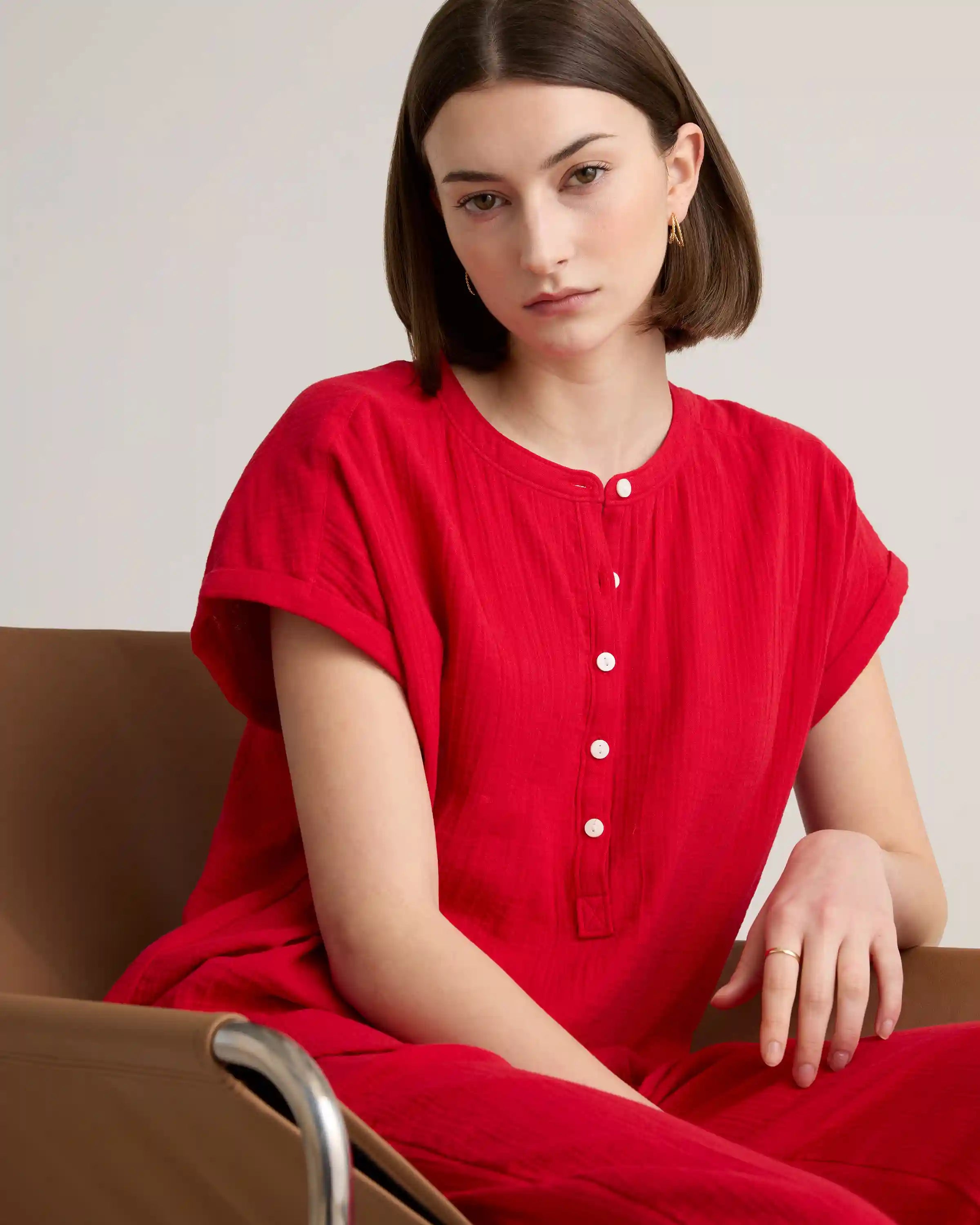 100% Organic Cotton Gauze Roll Sleeve Shirt