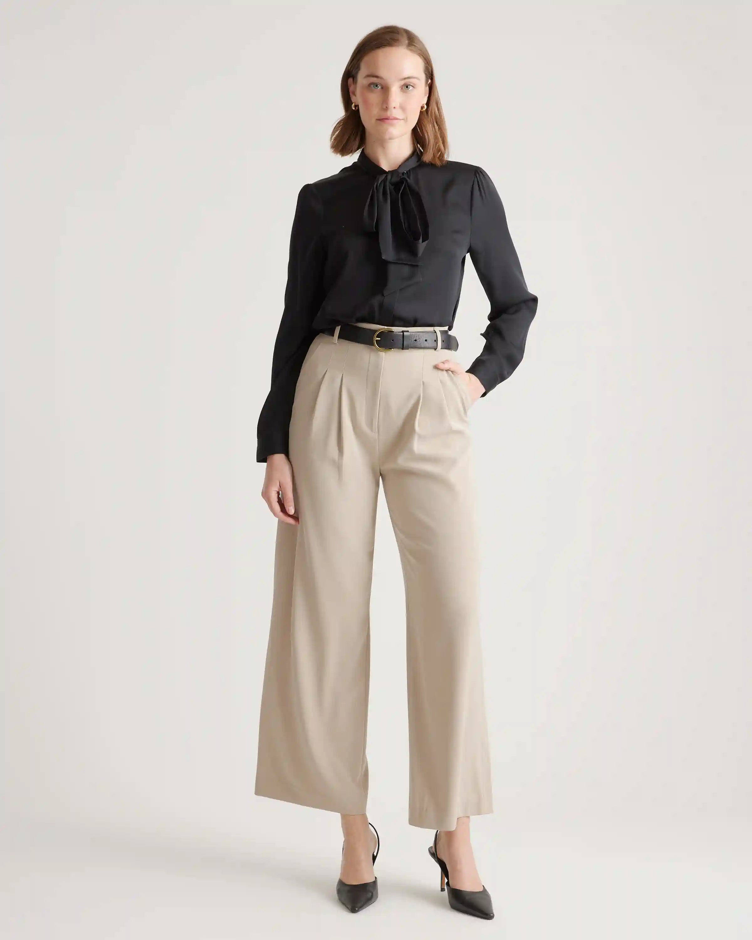 Washable Stretch Silk Tie Neck Blouse