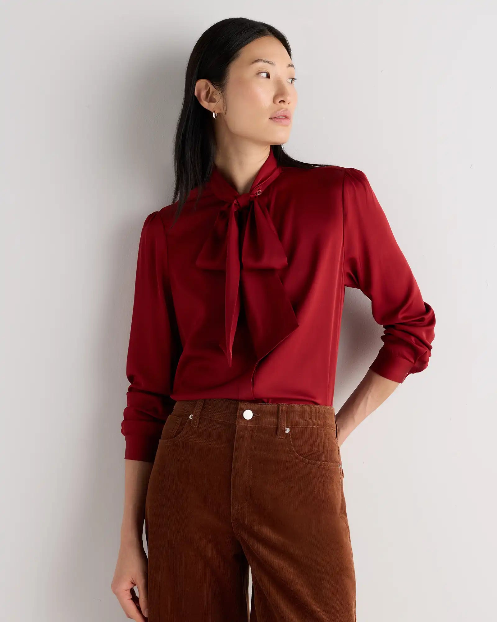 Washable Stretch Silk Tie Neck Blouse