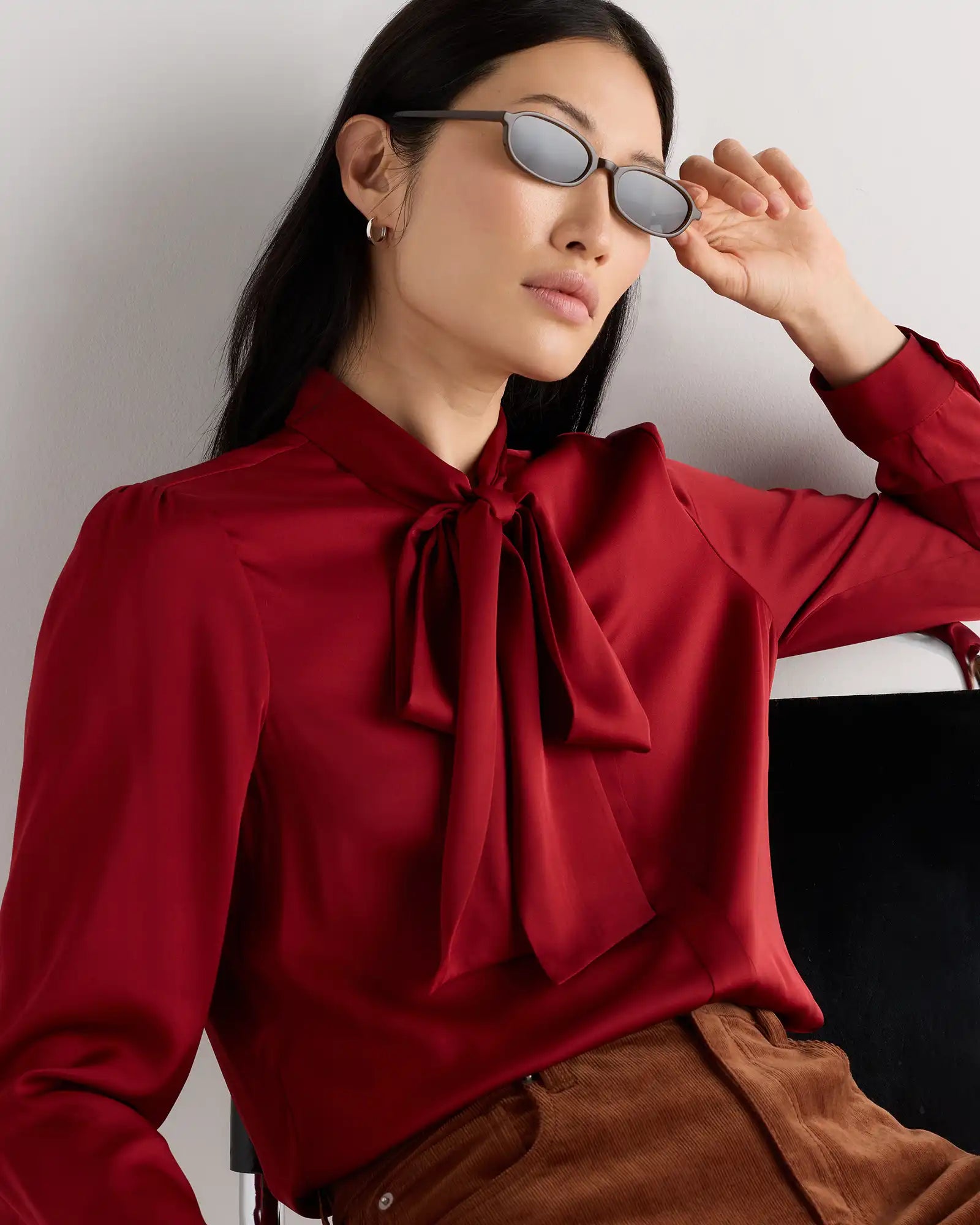 Washable Stretch Silk Tie Neck Blouse