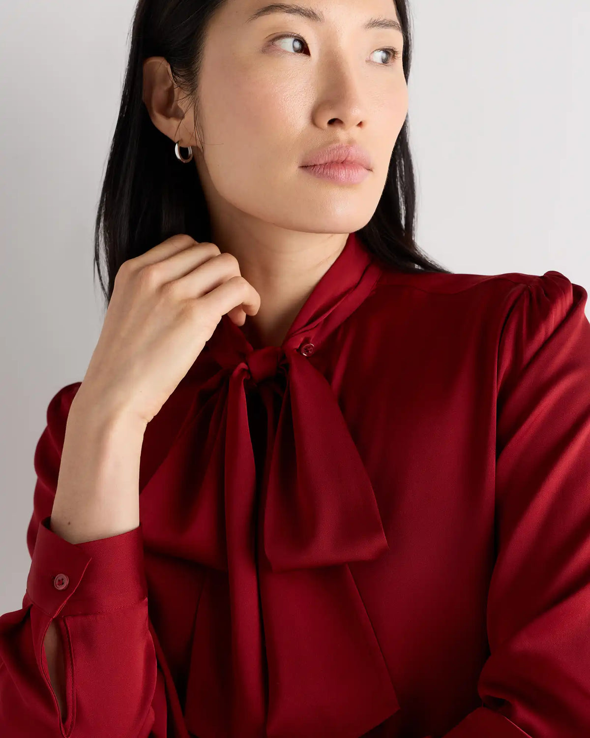 Washable Stretch Silk Tie Neck Blouse
