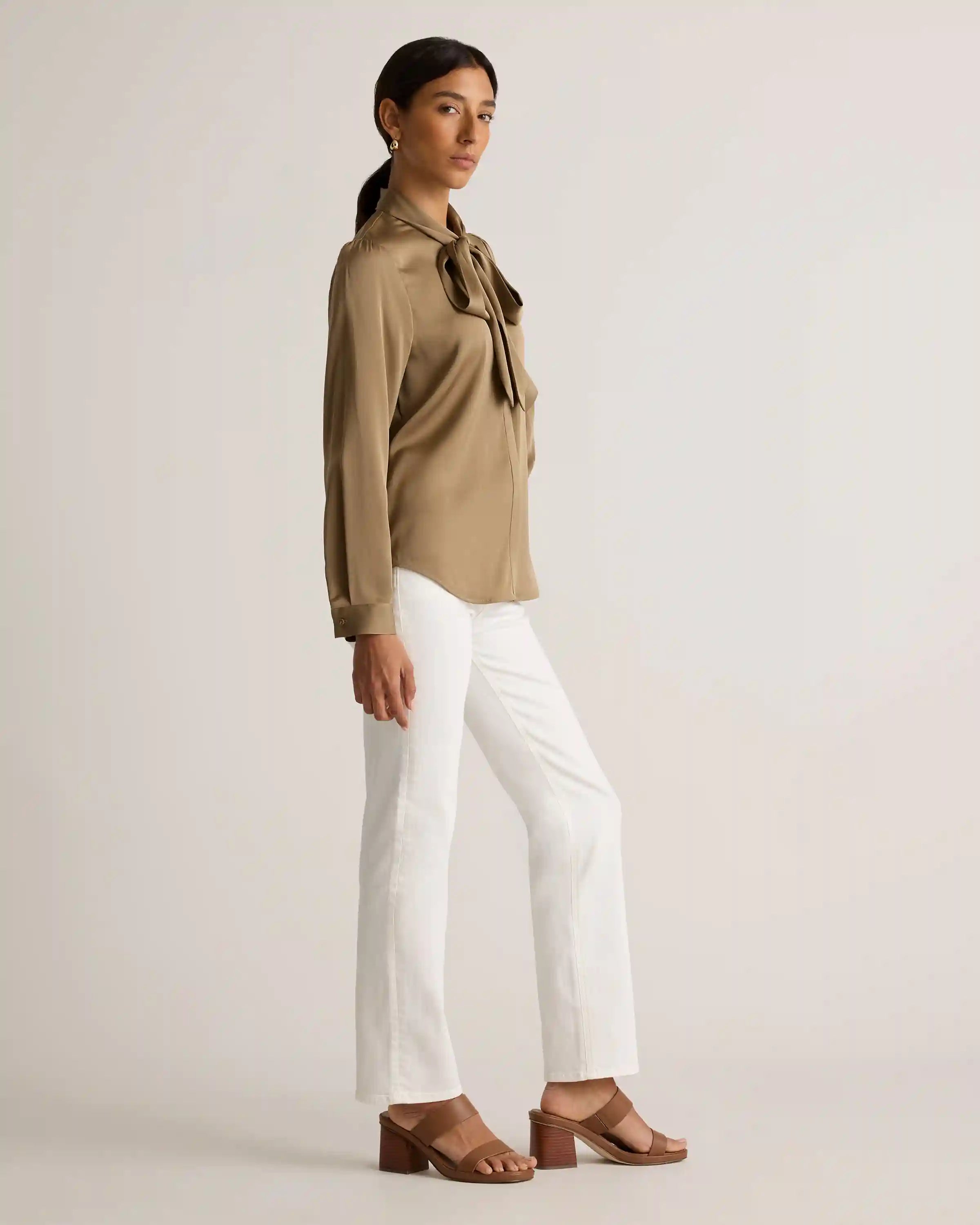 Washable Stretch Silk Tie Neck Blouse