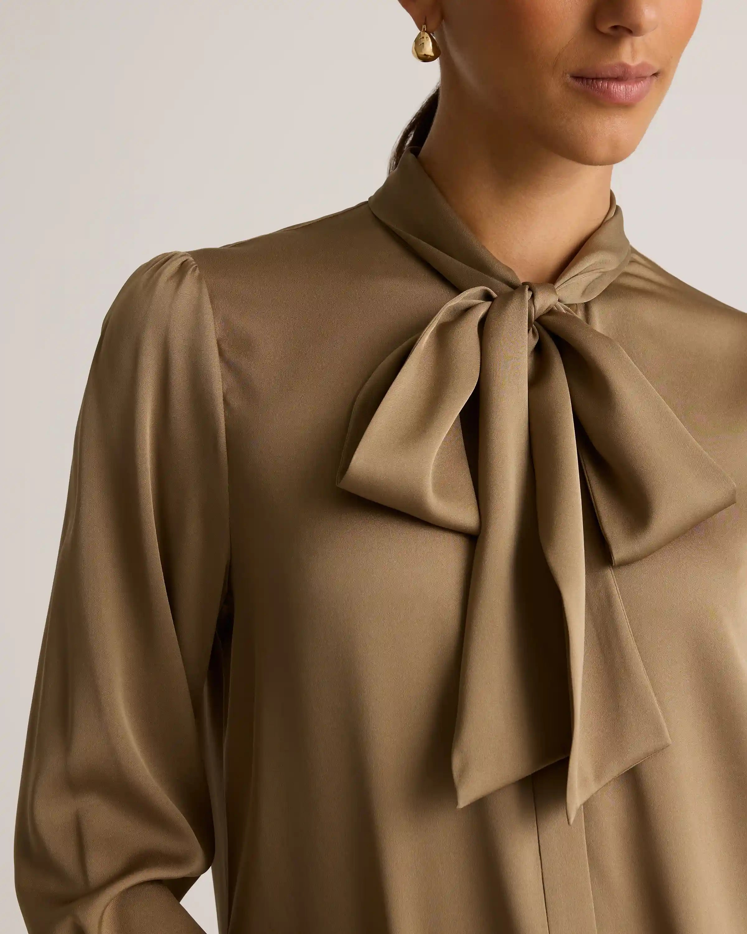 Washable Stretch Silk Tie Neck Blouse