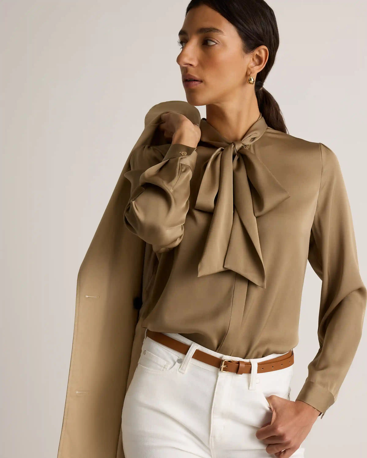 Washable Stretch Silk Tie Neck Blouse