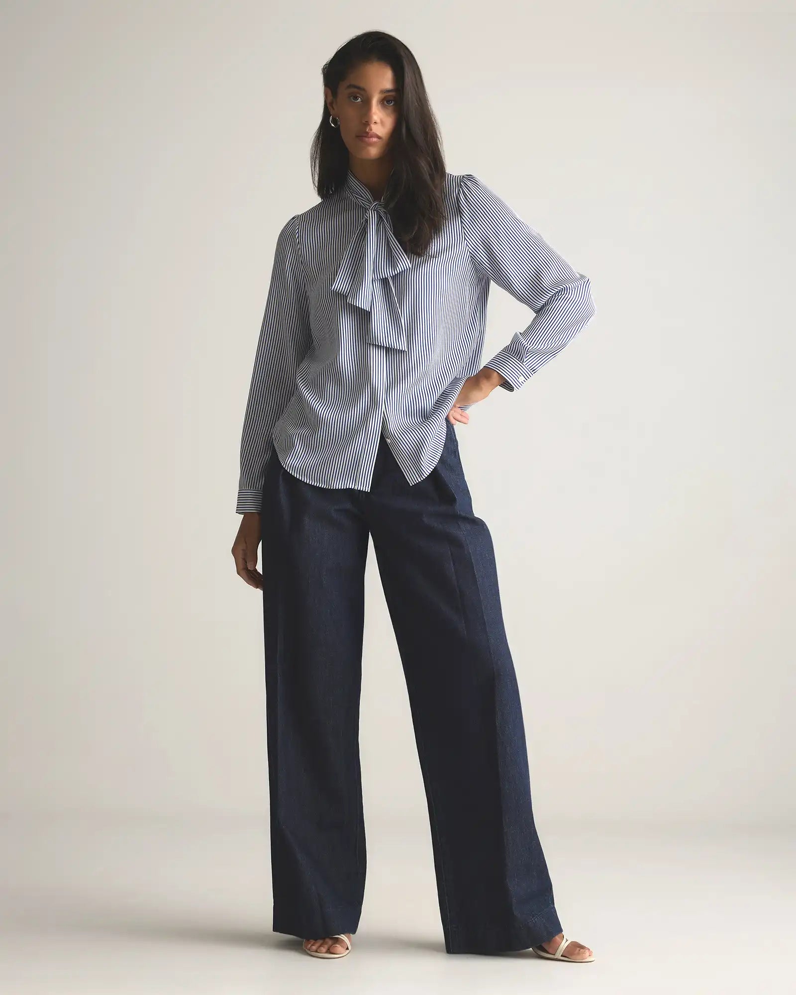 Washable Stretch Silk Tie Neck Blouse