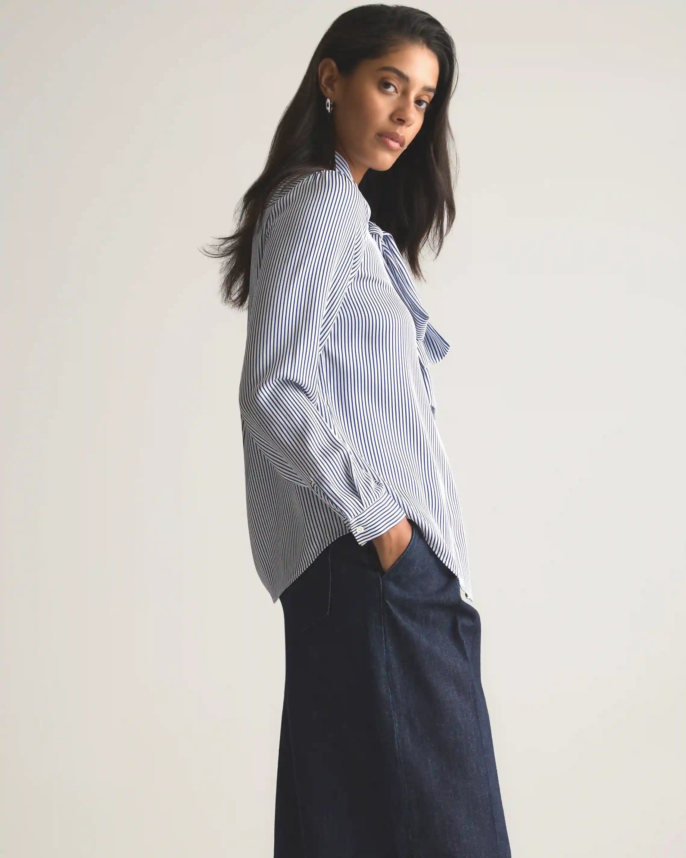 Washable Stretch Silk Tie Neck Blouse
