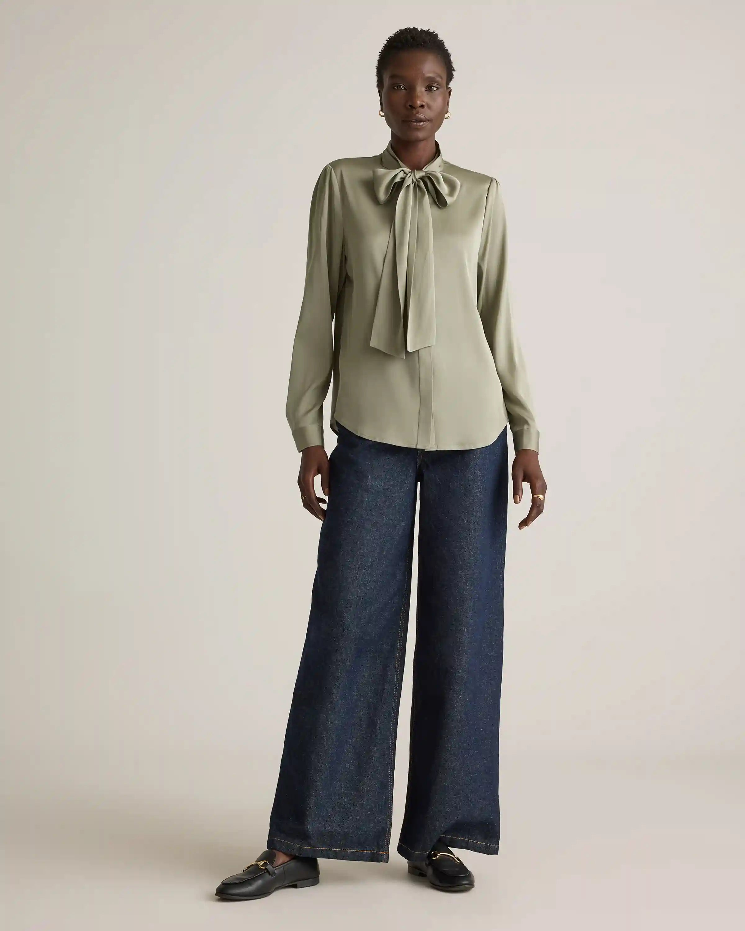 Washable Stretch Silk Tie Neck Blouse