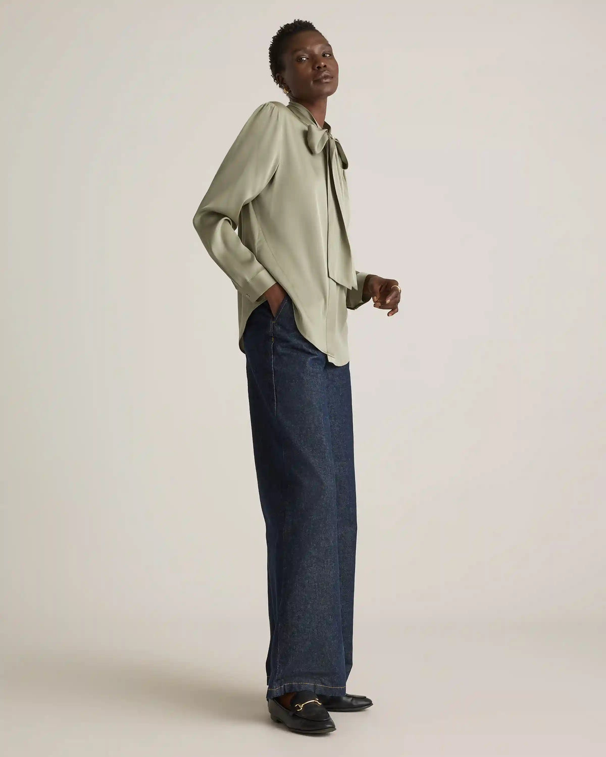 Washable Stretch Silk Tie Neck Blouse