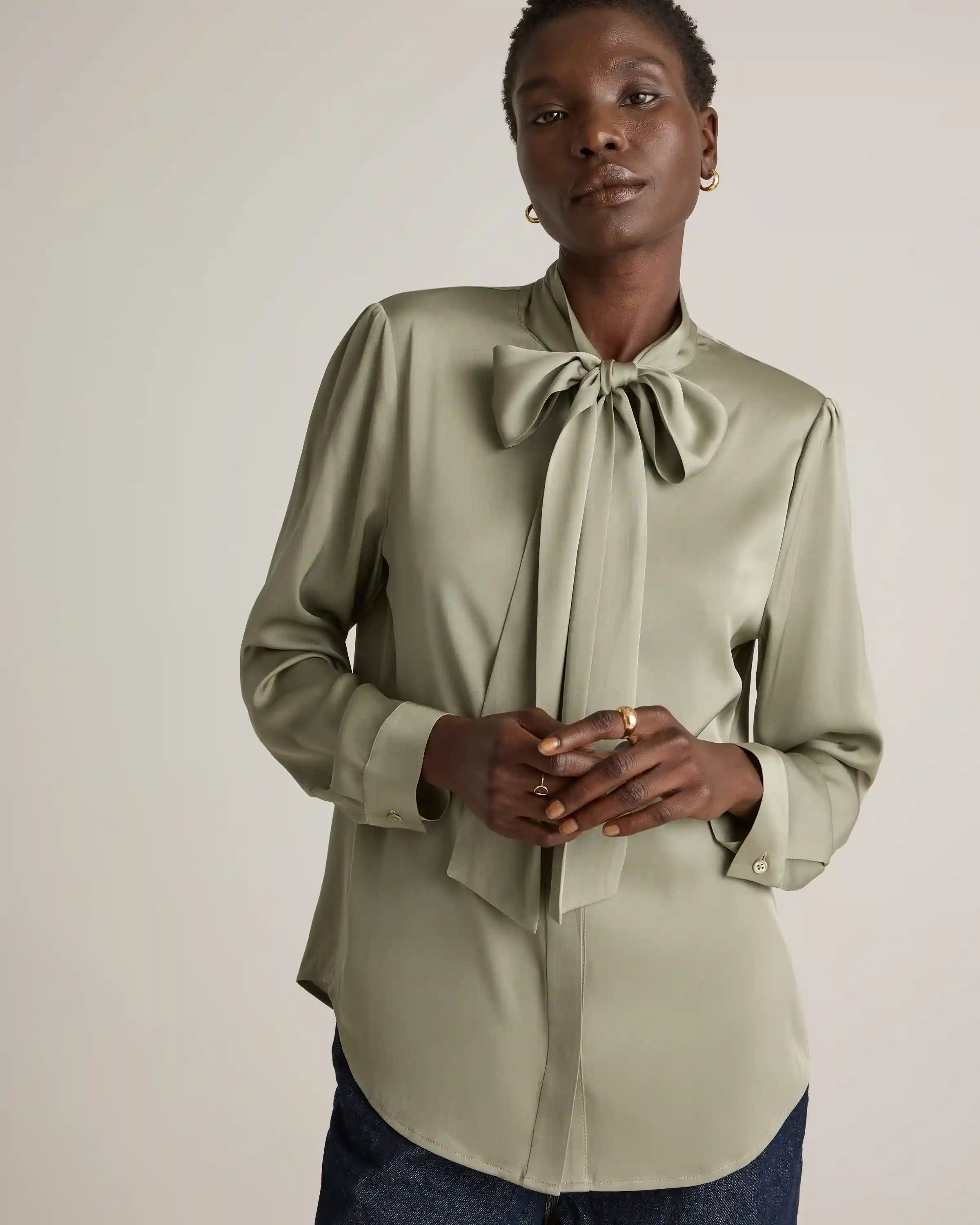 Washable Stretch Silk Tie Neck Blouse