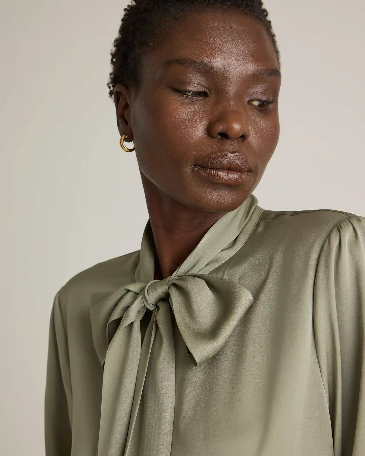 Washable Stretch Silk Tie Neck Blouse