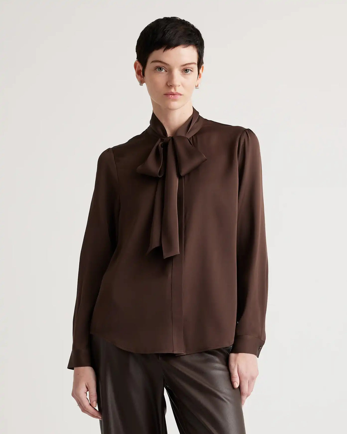 Washable Stretch Silk Tie Neck Blouse