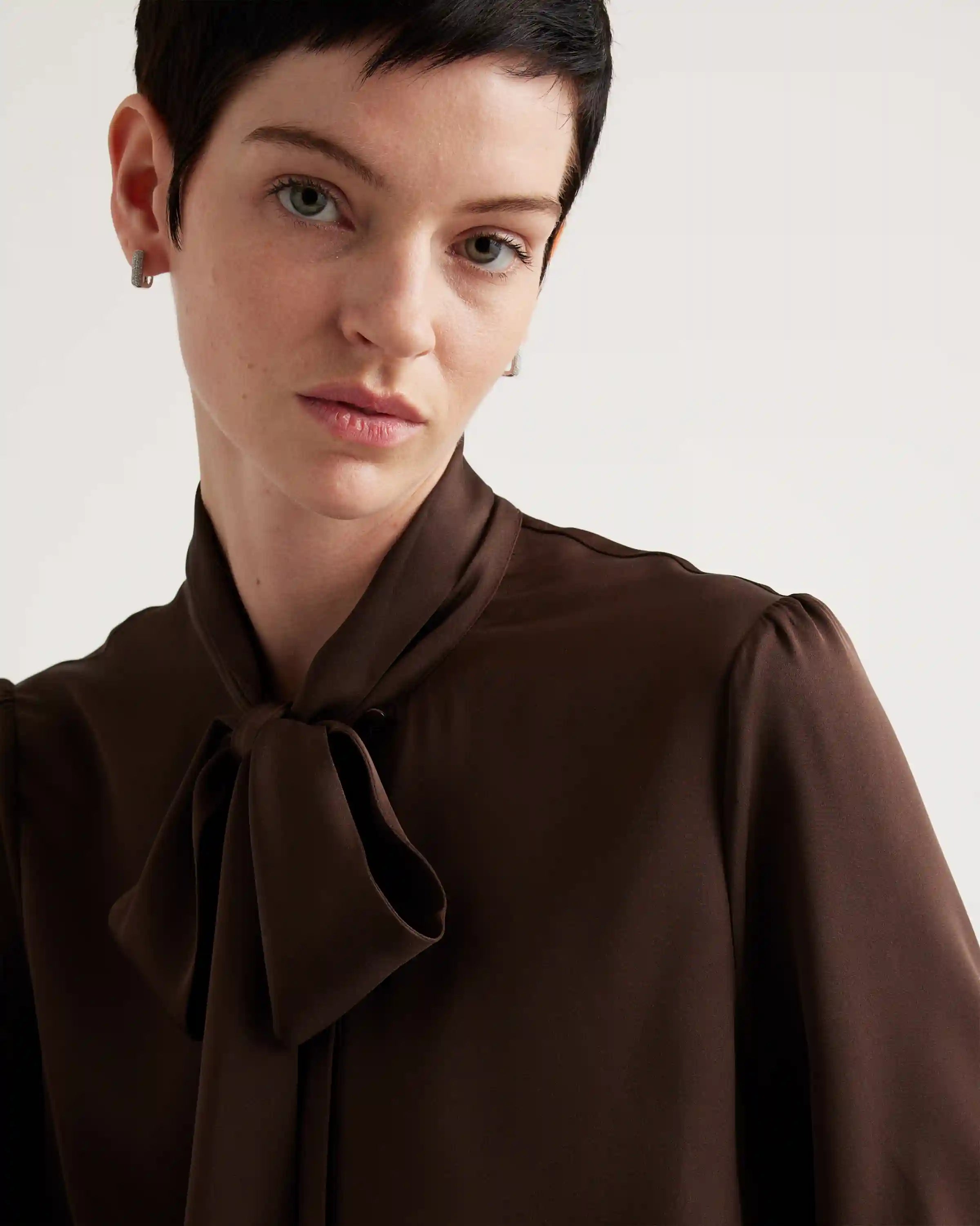Washable Stretch Silk Tie Neck Blouse