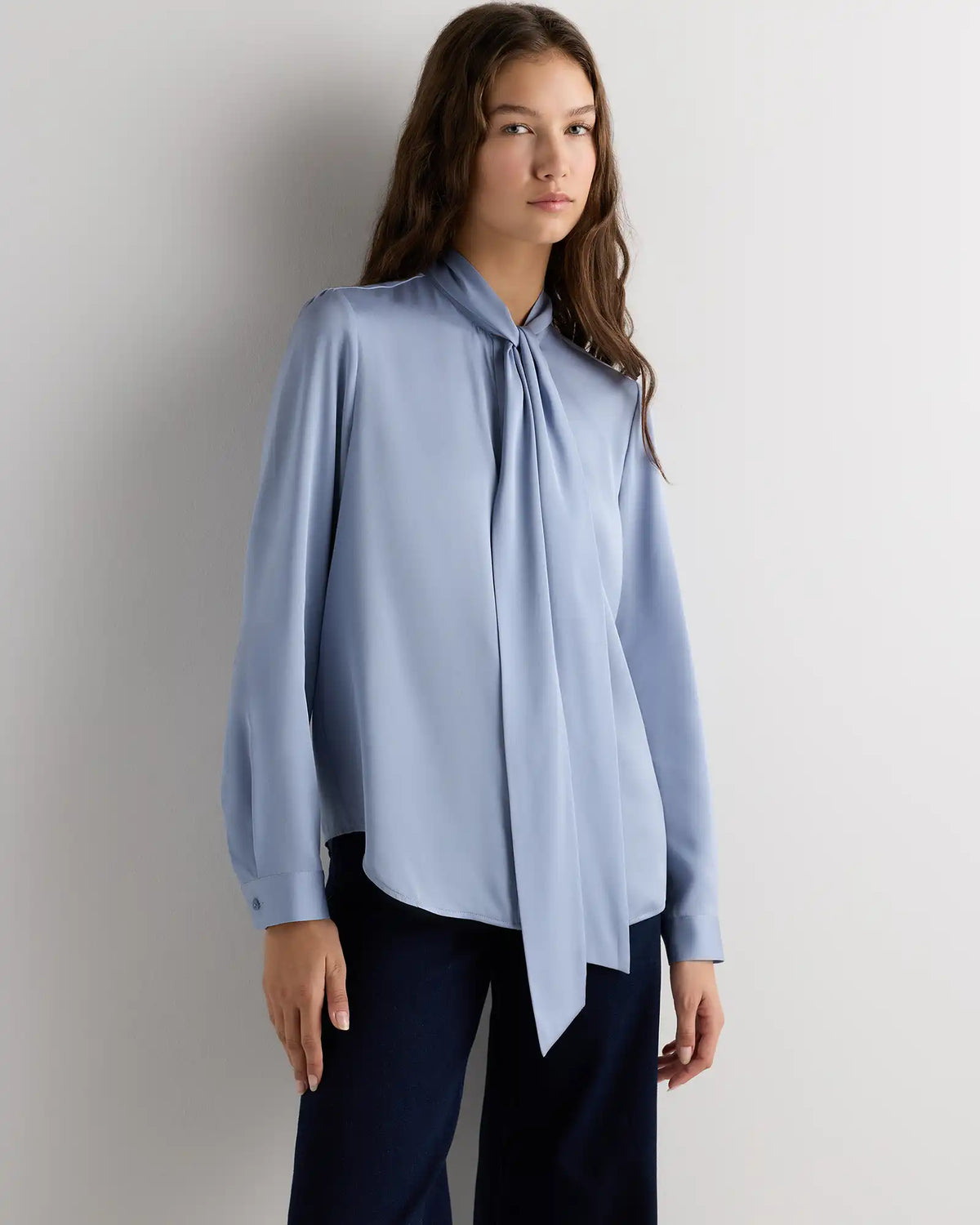 Washable Stretch Silk Tie Neck Blouse