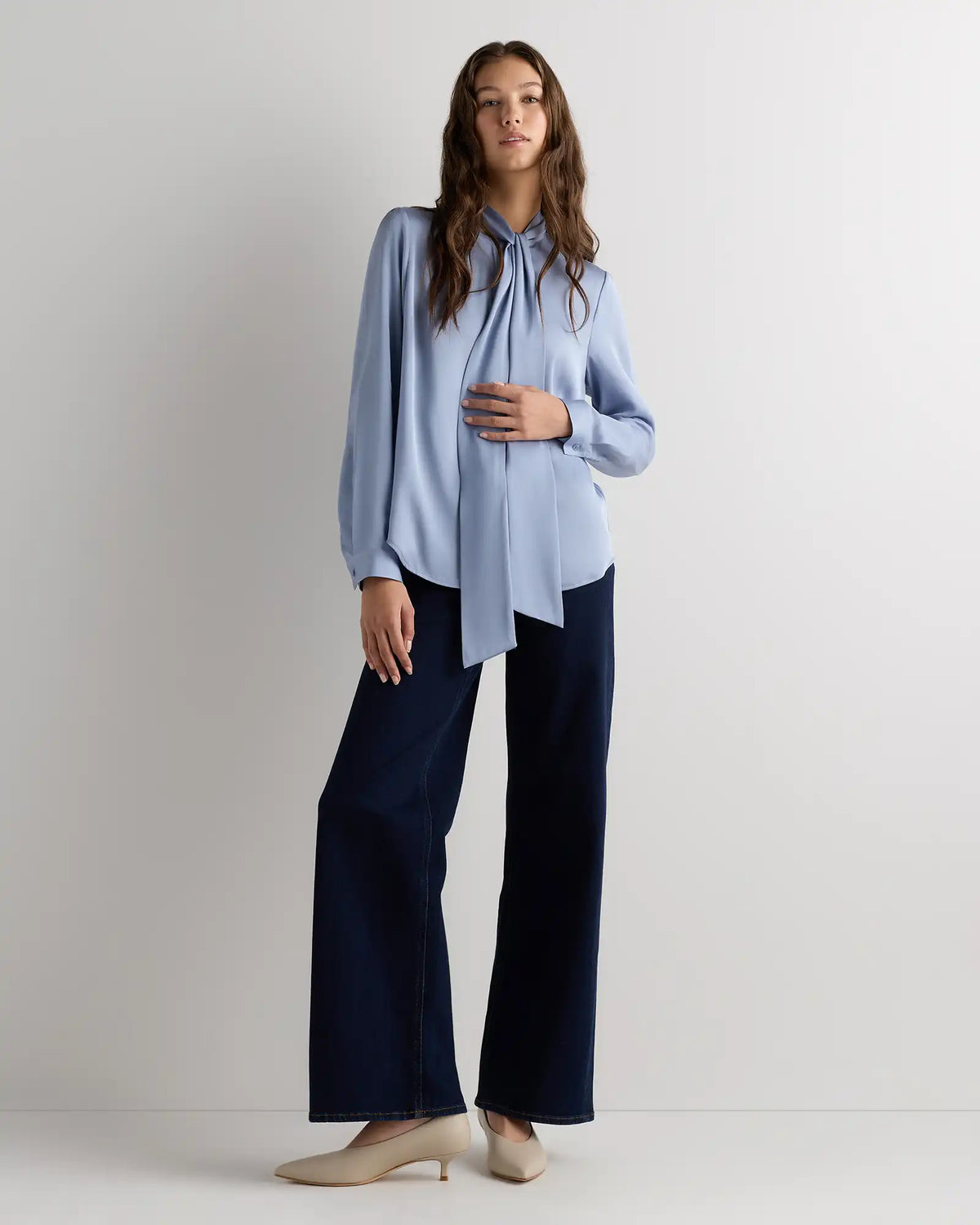 Washable Stretch Silk Tie Neck Blouse