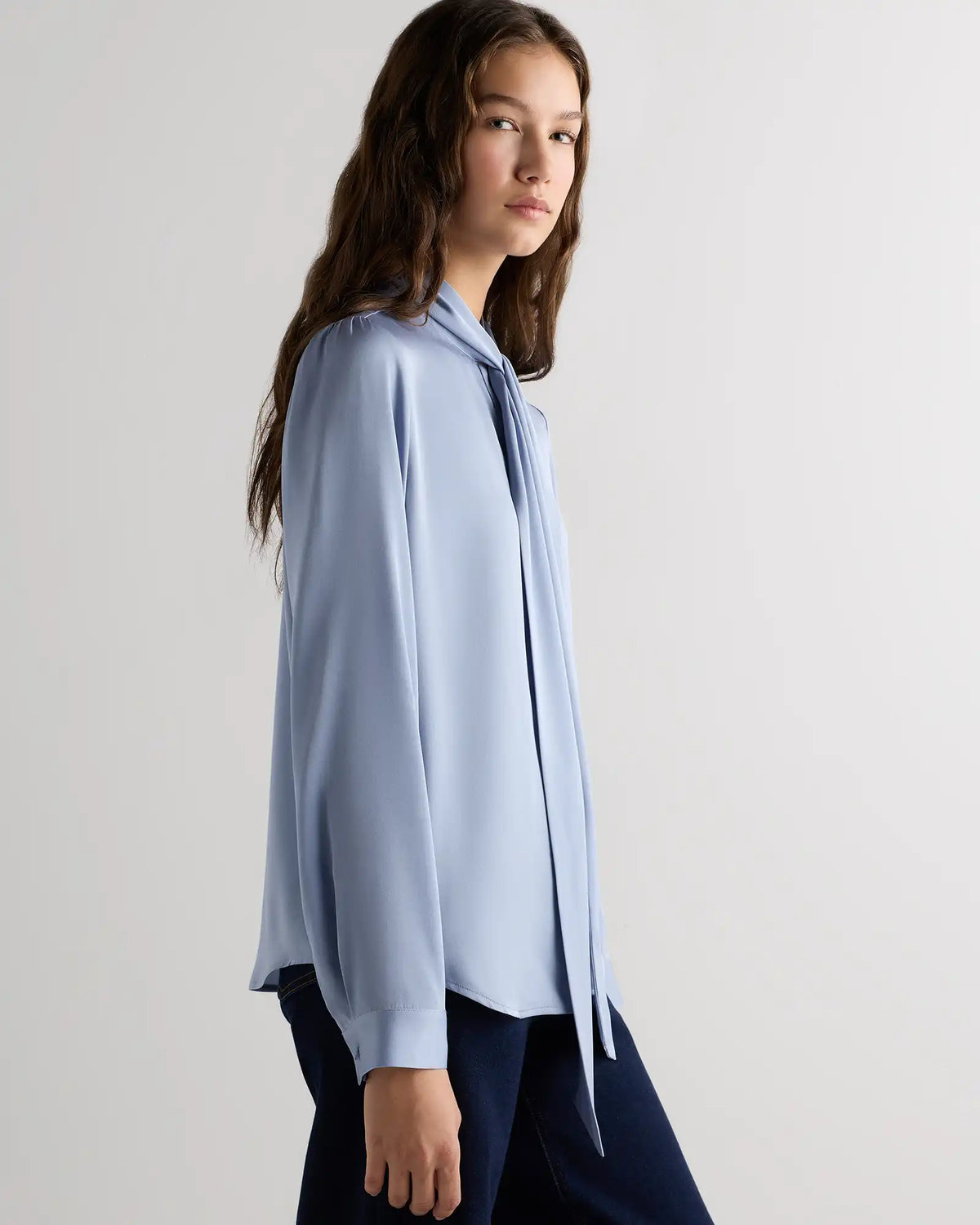 Washable Stretch Silk Tie Neck Blouse