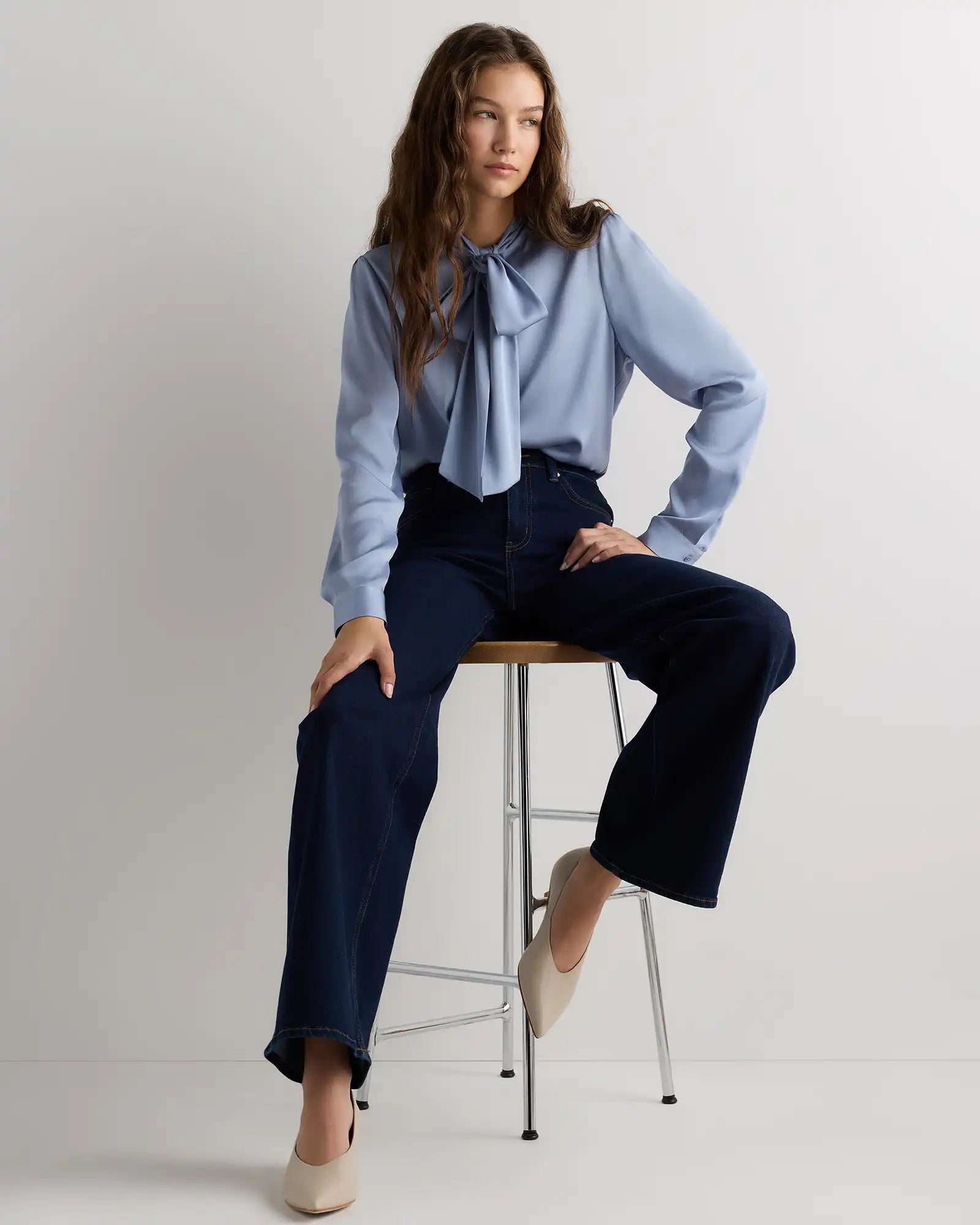 Washable Stretch Silk Tie Neck Blouse