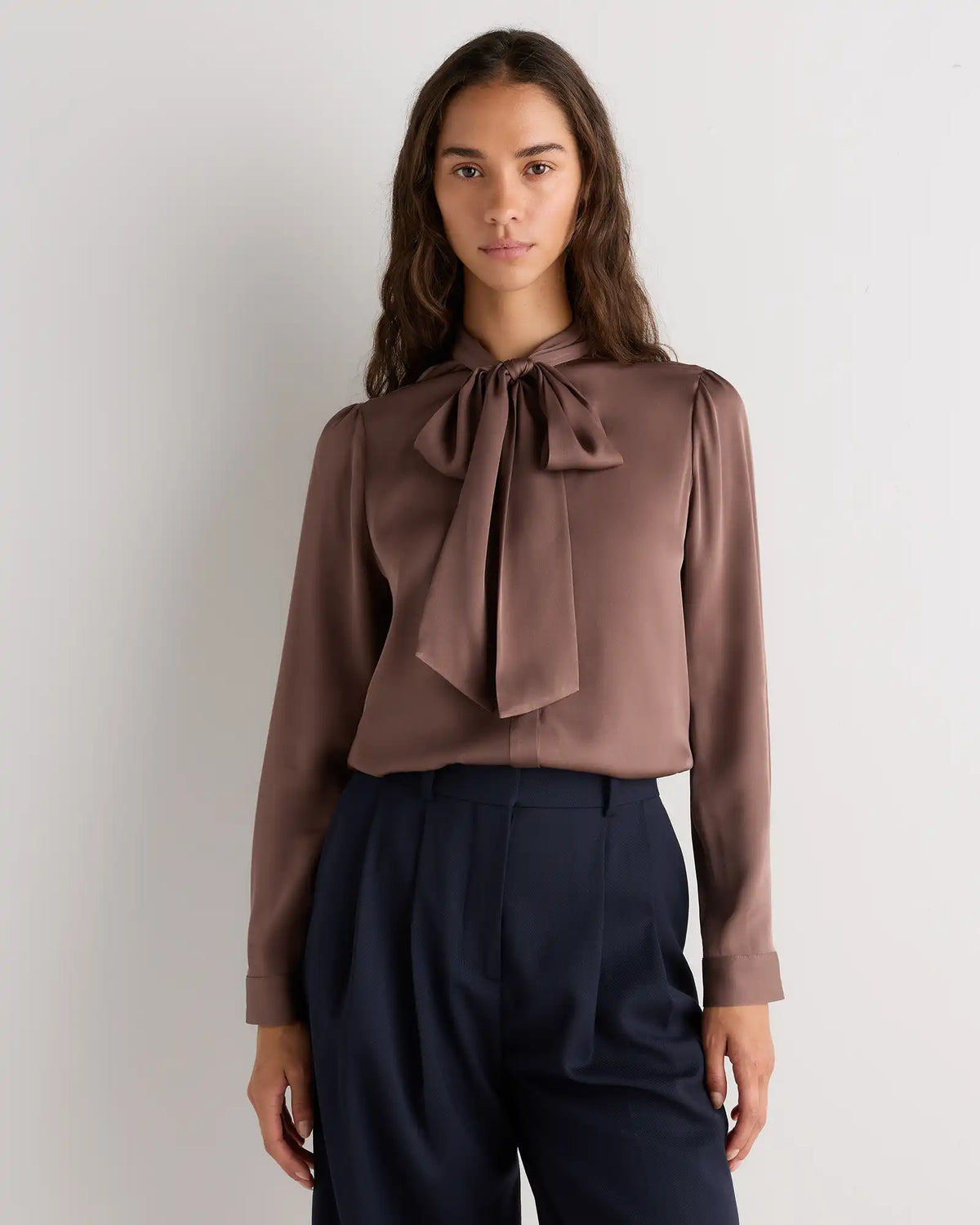 Washable Stretch Silk Tie Neck Blouse