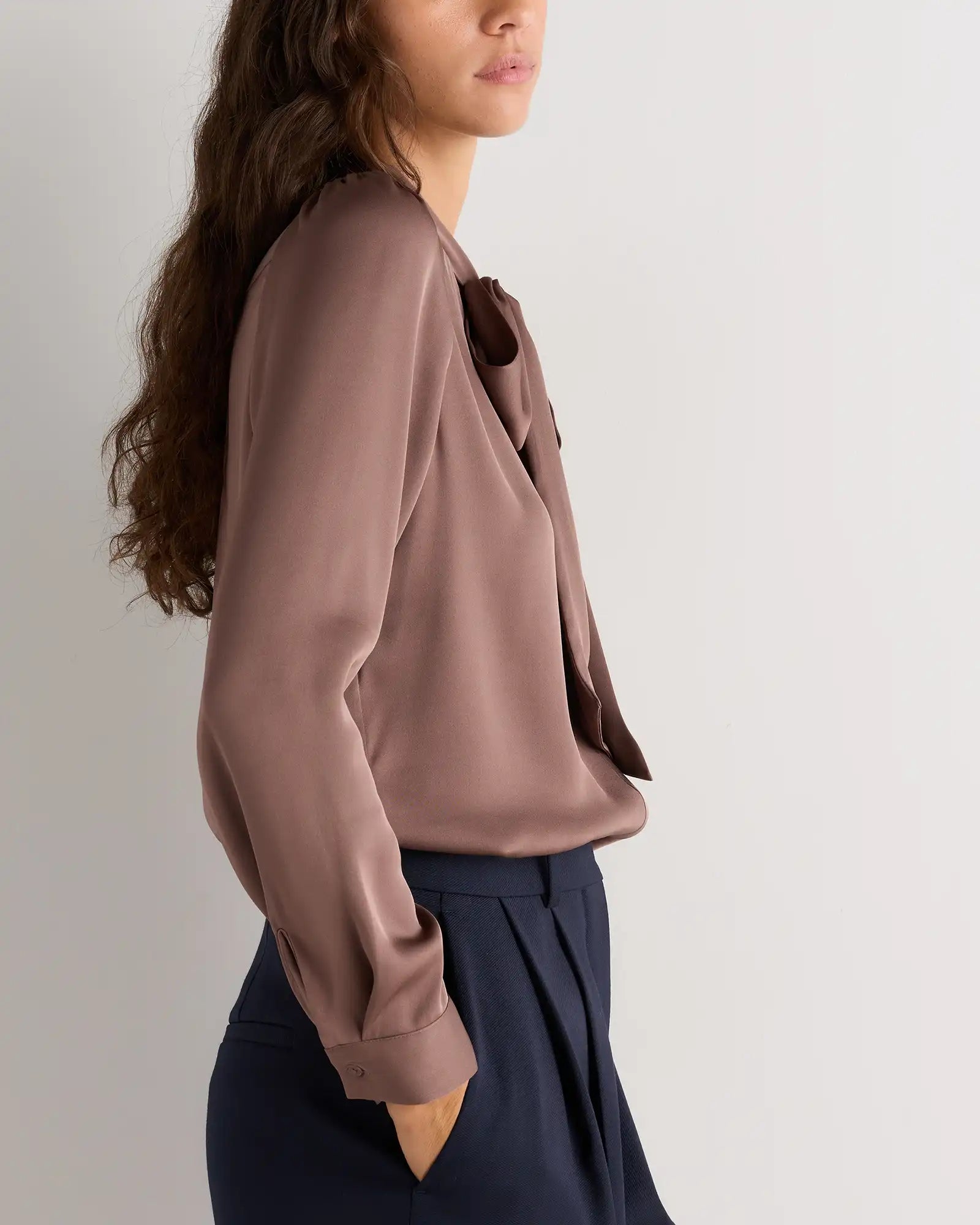 Washable Stretch Silk Tie Neck Blouse