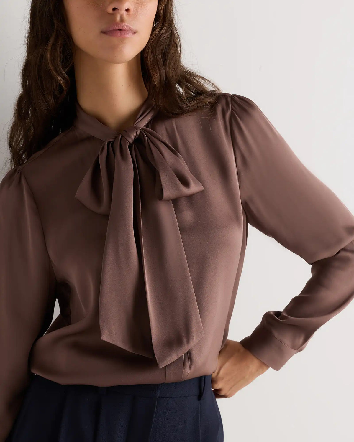 Washable Stretch Silk Tie Neck Blouse