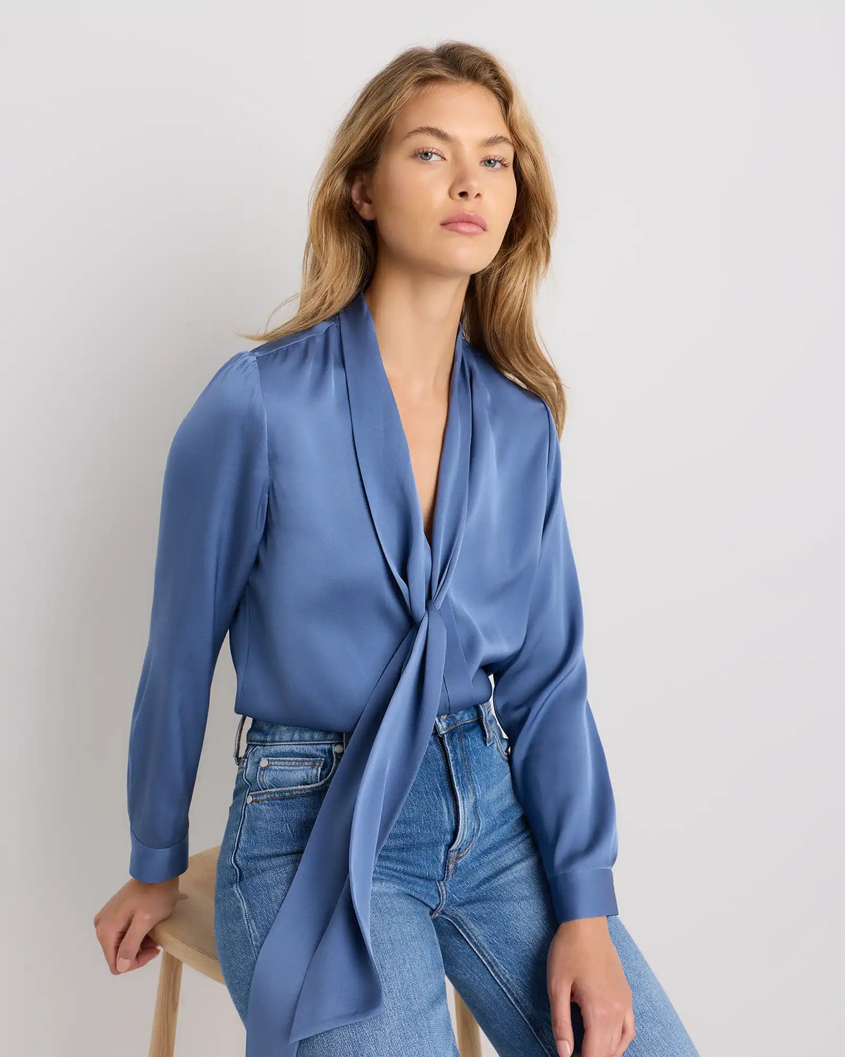 Washable Stretch Silk Tie Neck Blouse