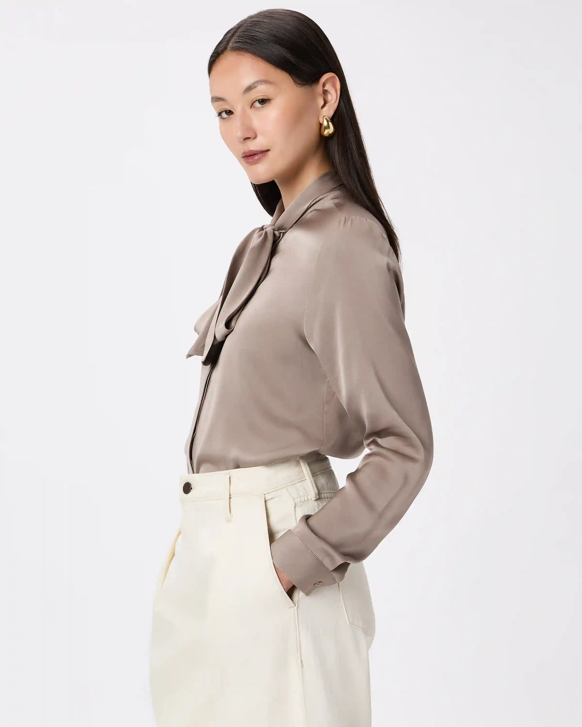 Washable Stretch Silk Tie Neck Blouse