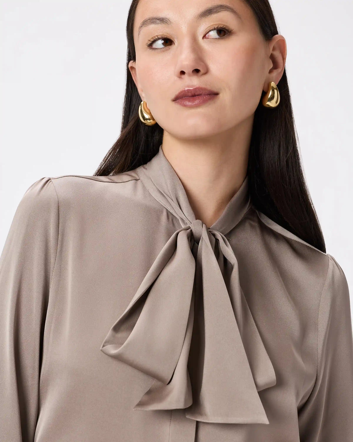Washable Stretch Silk Tie Neck Blouse