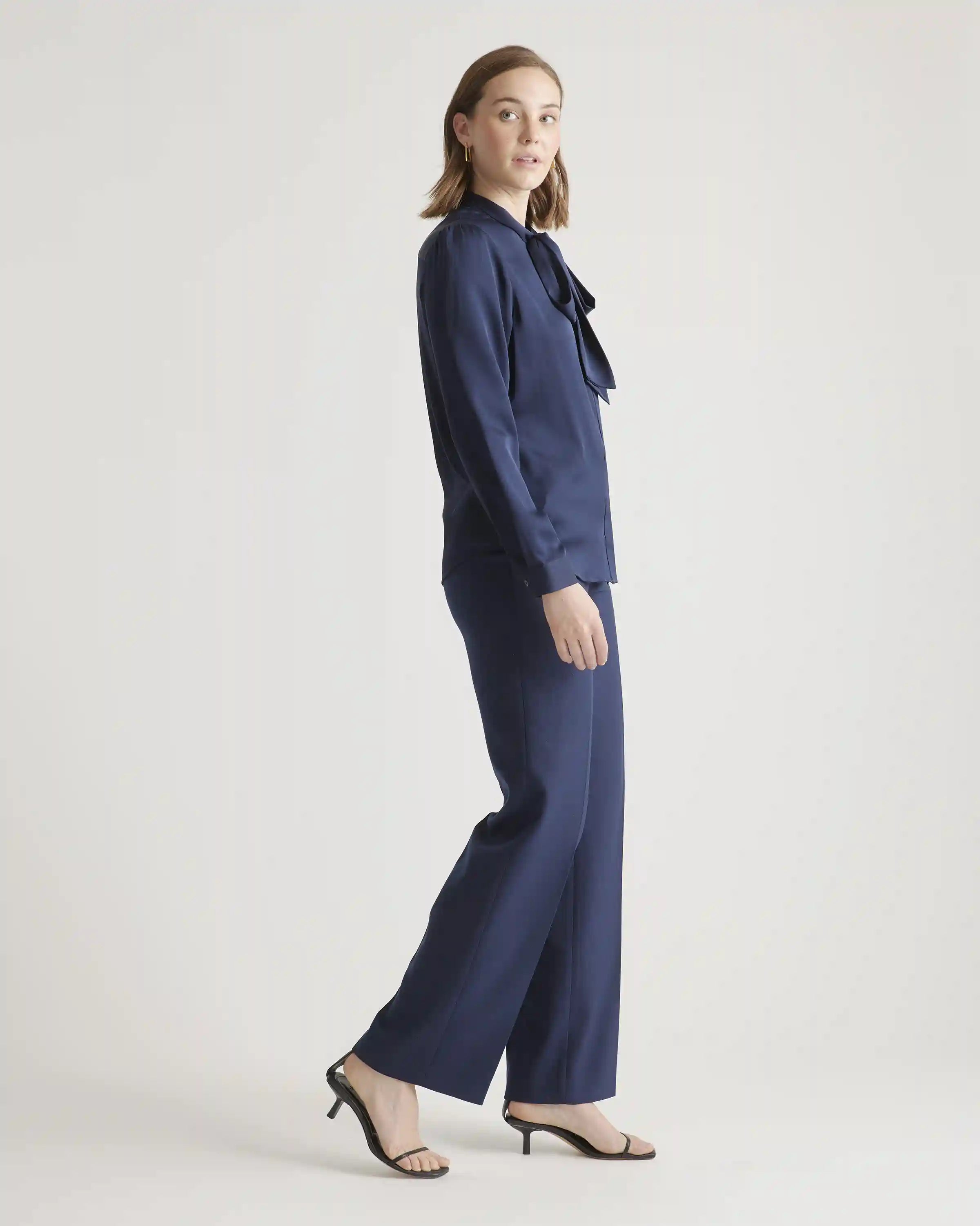 Washable Stretch Silk Tie Neck Blouse