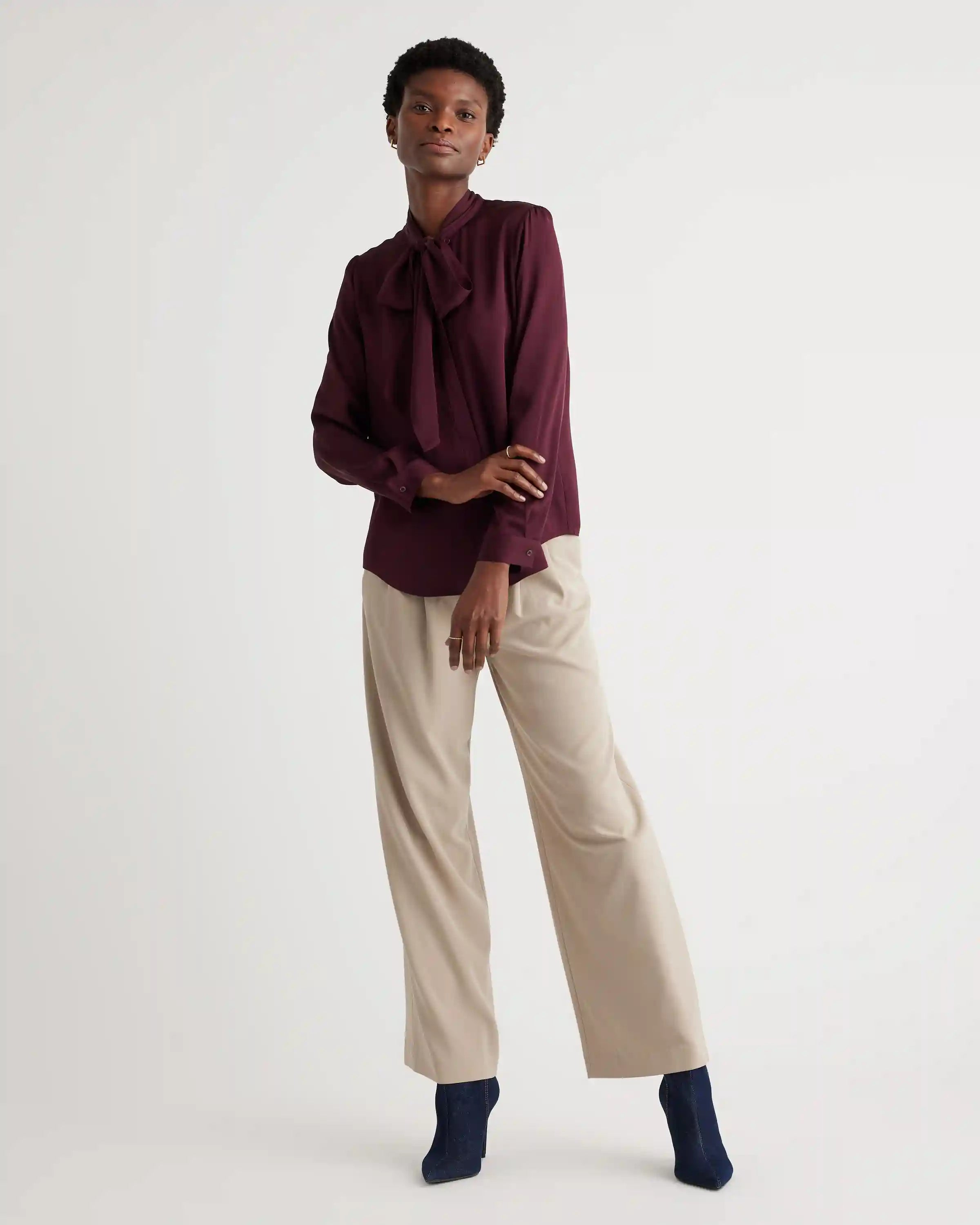Washable Stretch Silk Tie Neck Blouse