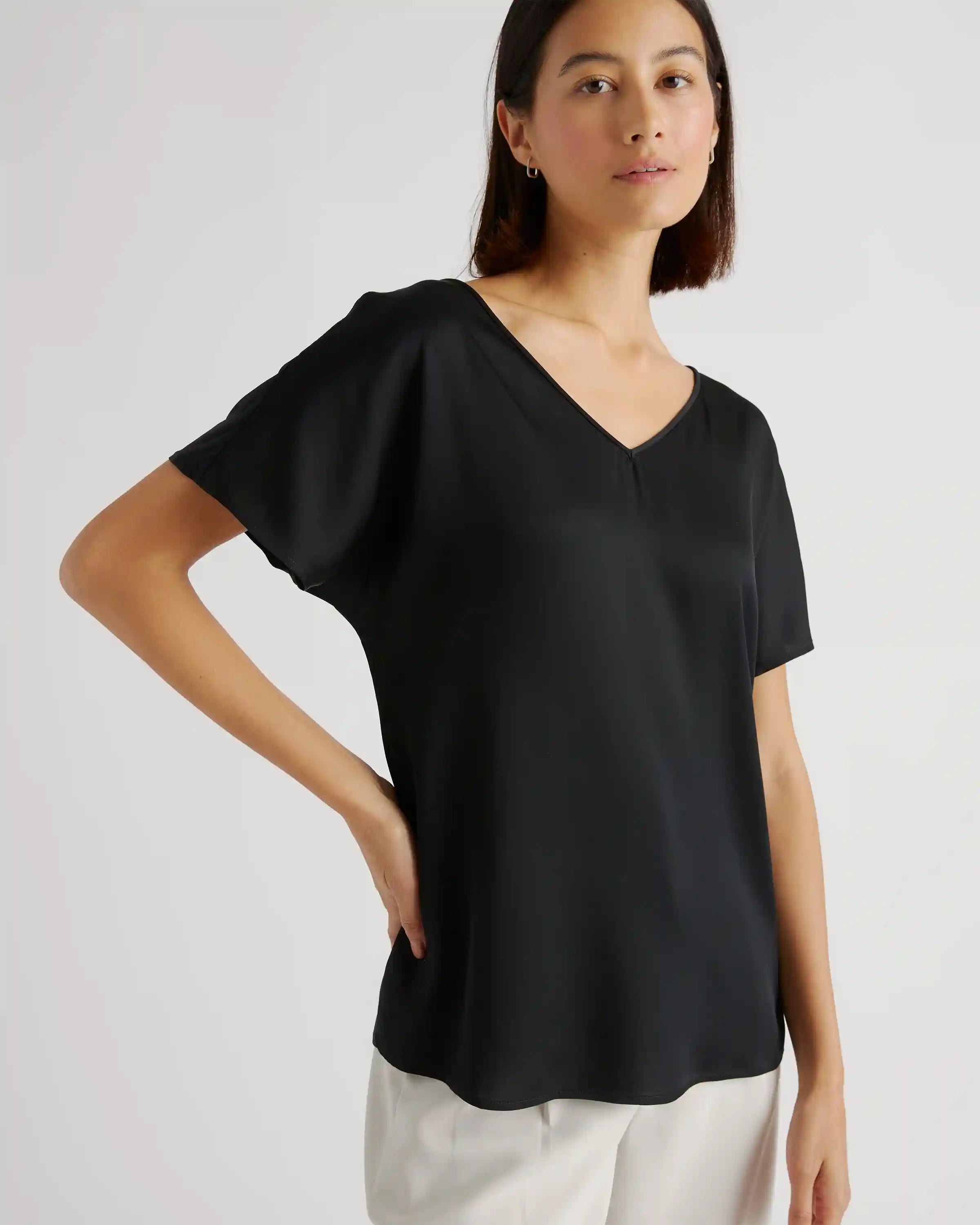 Washable Stretch Silk Reversible V-Neck Blouse