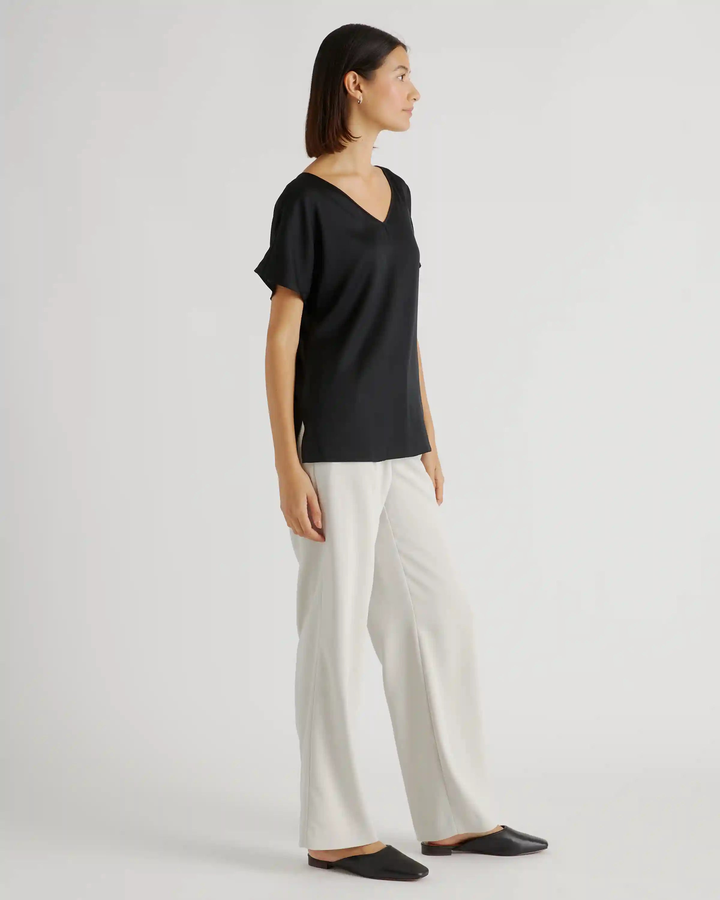 Washable Stretch Silk Reversible V-Neck Blouse