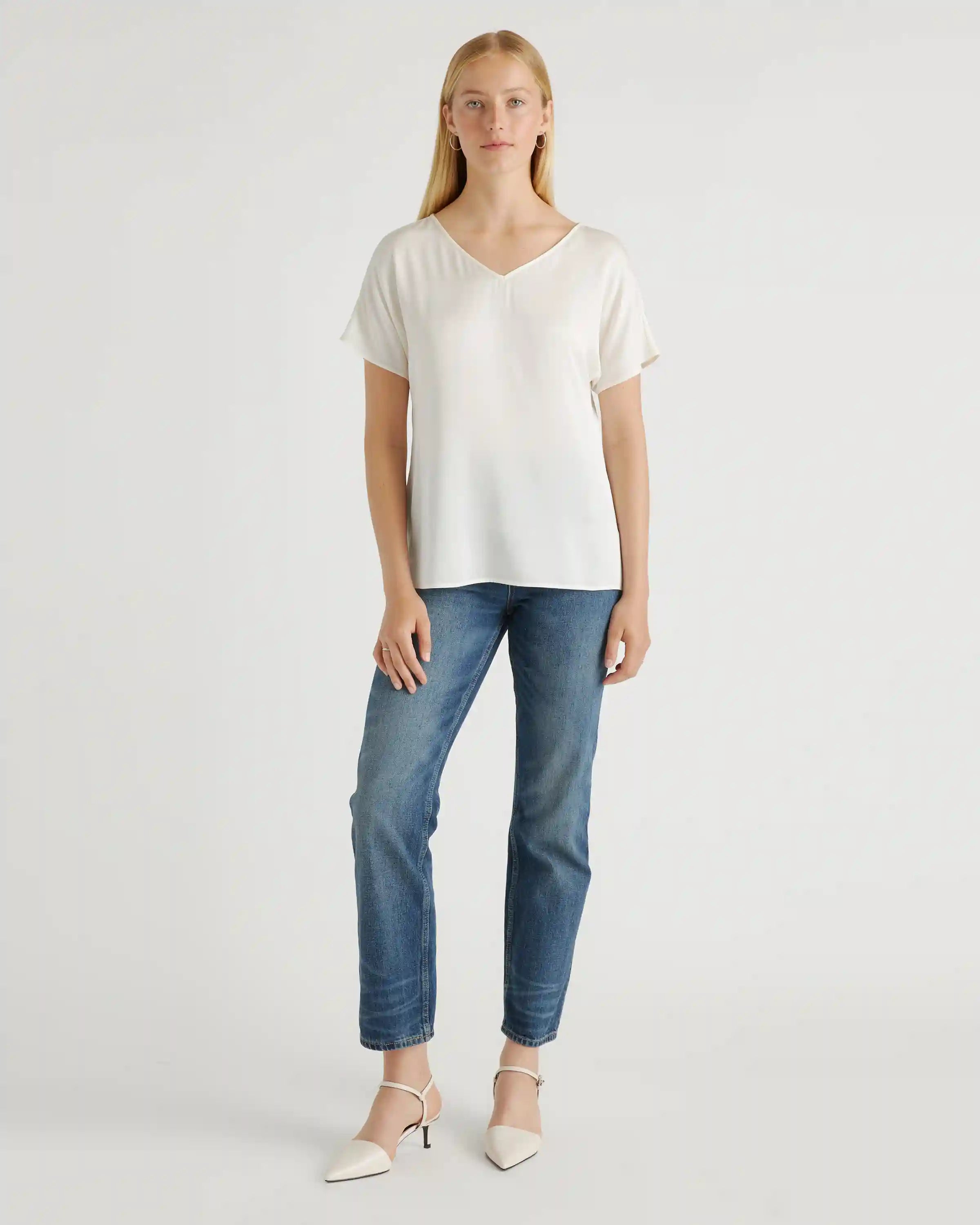 Washable Stretch Silk Reversible V-Neck Blouse